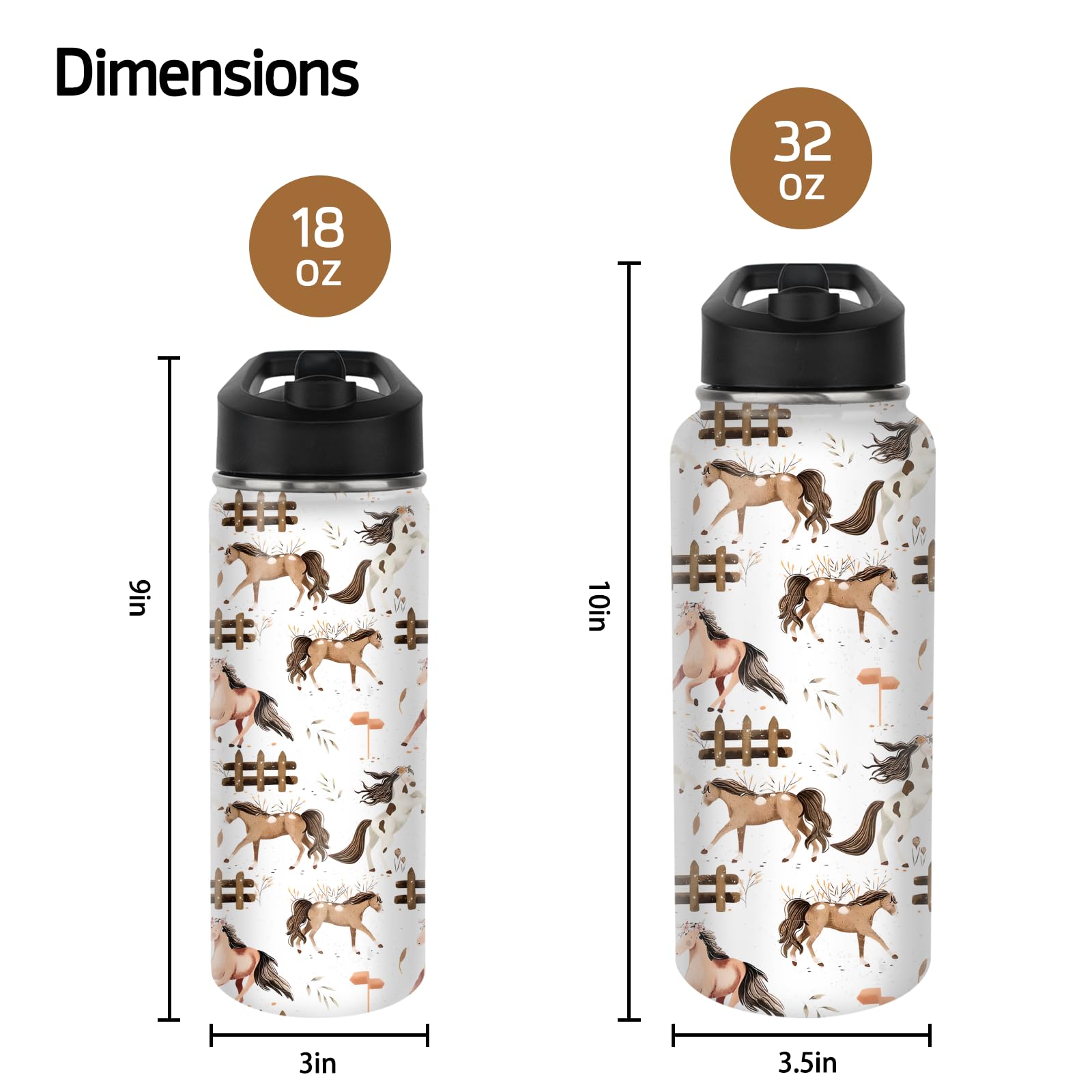 Horse Water Bottles With Straw, 32 Oz Insulated Stainless Steel Tumbler Cup Mug Horse