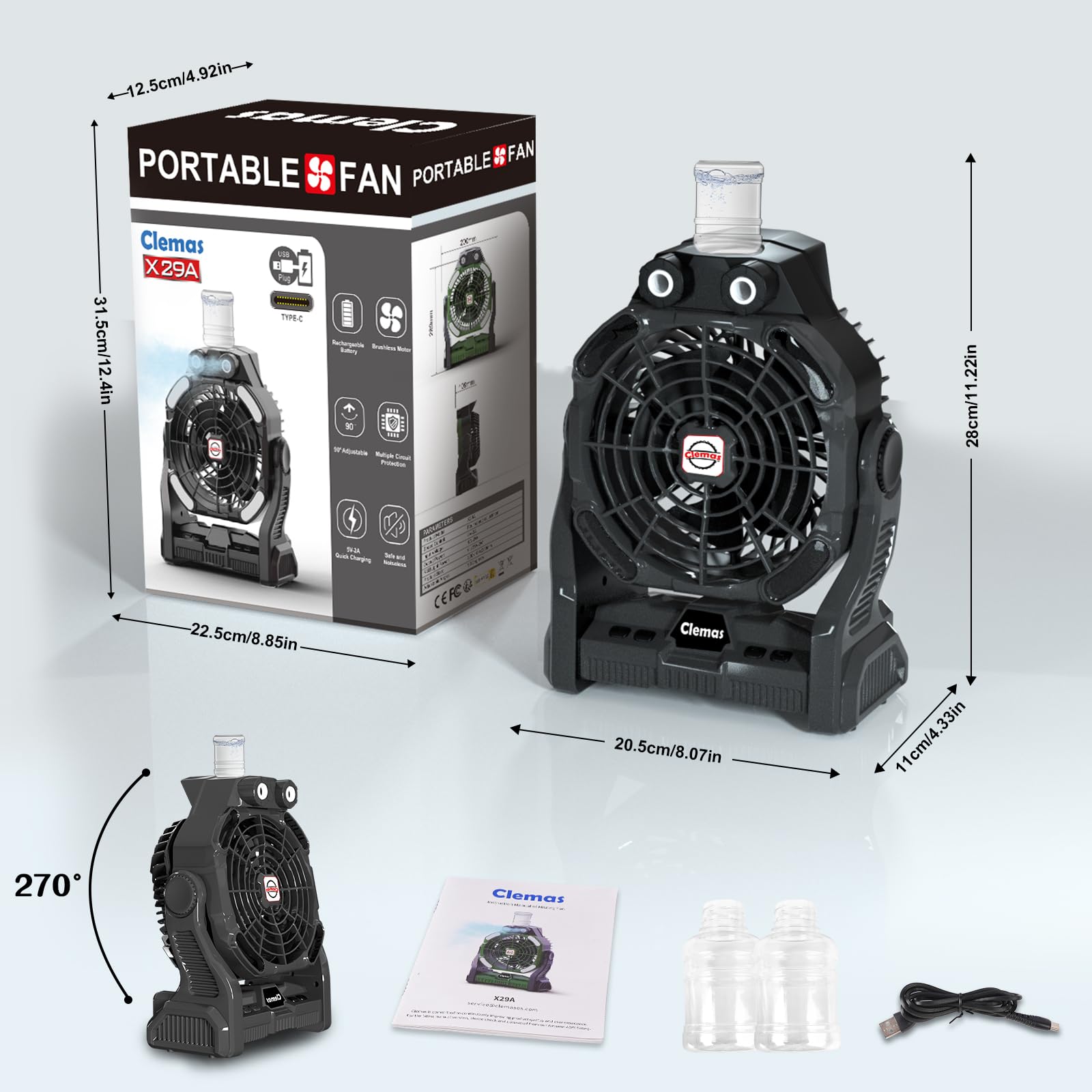 Large Camping Fan With Mister Rechargeable Long Lasting Portable Battery Powered Water Misting Fan