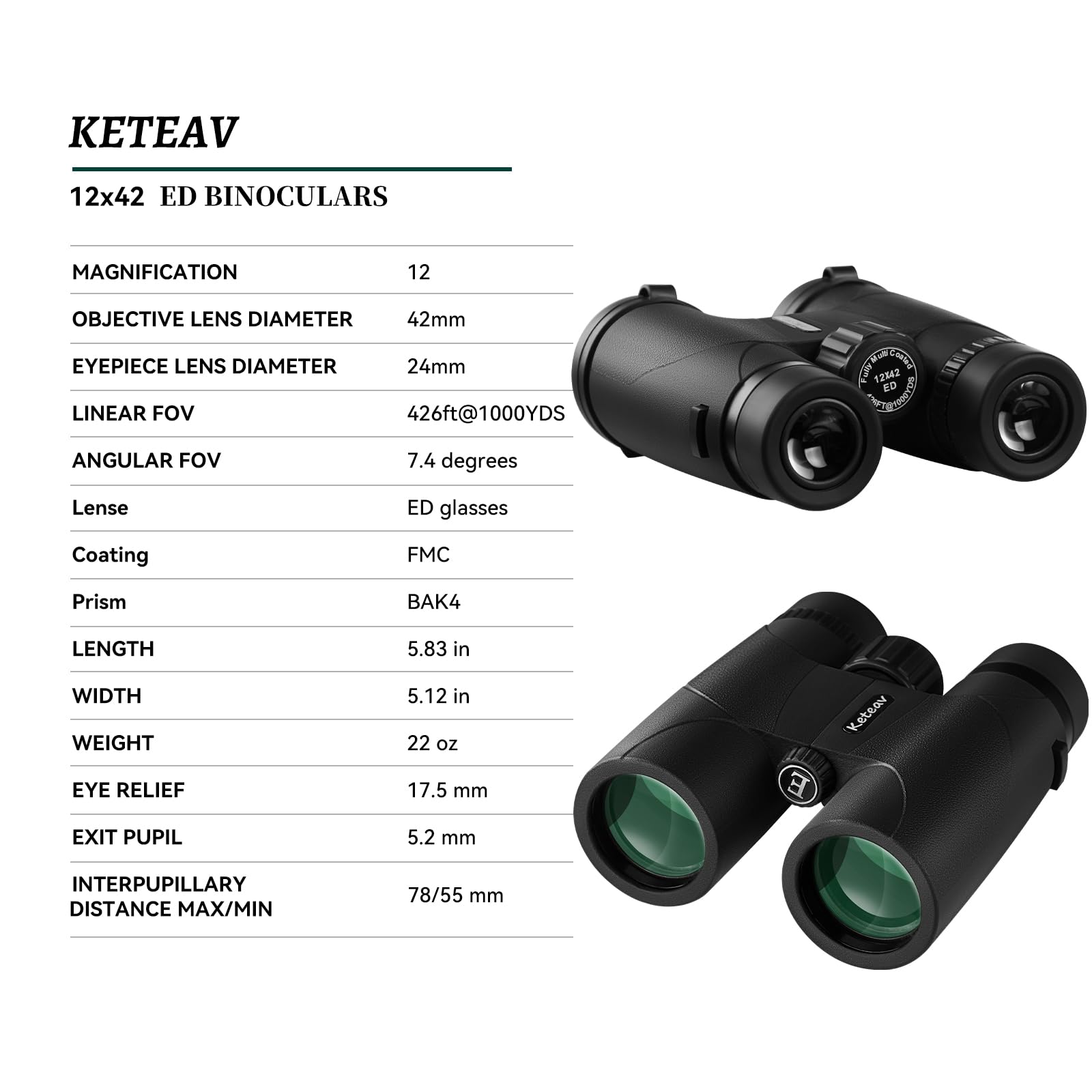 Keteav 12X42 Ed Binoculars For Adults High Powered-24Mm Large Eyepieces-Rainproof Crossbody Bag & Ergonomic Neck Strap Included-Ideal For Hunting, Bird Watching, Travel, Schools & Field Trips