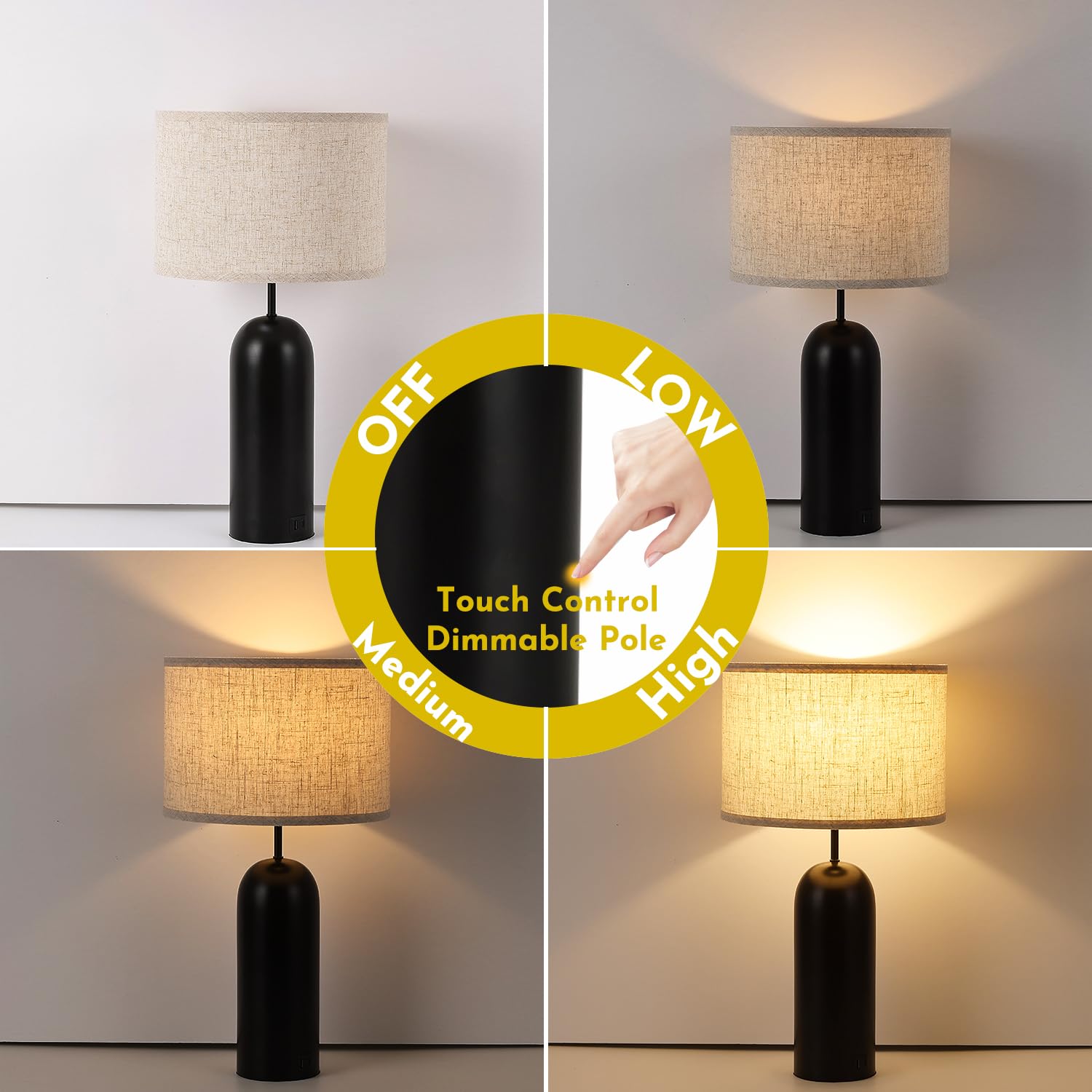 Momyofdy Table Lamps Set Of 2 Touch Control Black&Cream Table Lamps 3-Way Dimmable Lamps With Usb A+C Ports Modern End Table Lamps For Living Room Tall Bedside Nightstand Lamps For Bedroom 22Inch