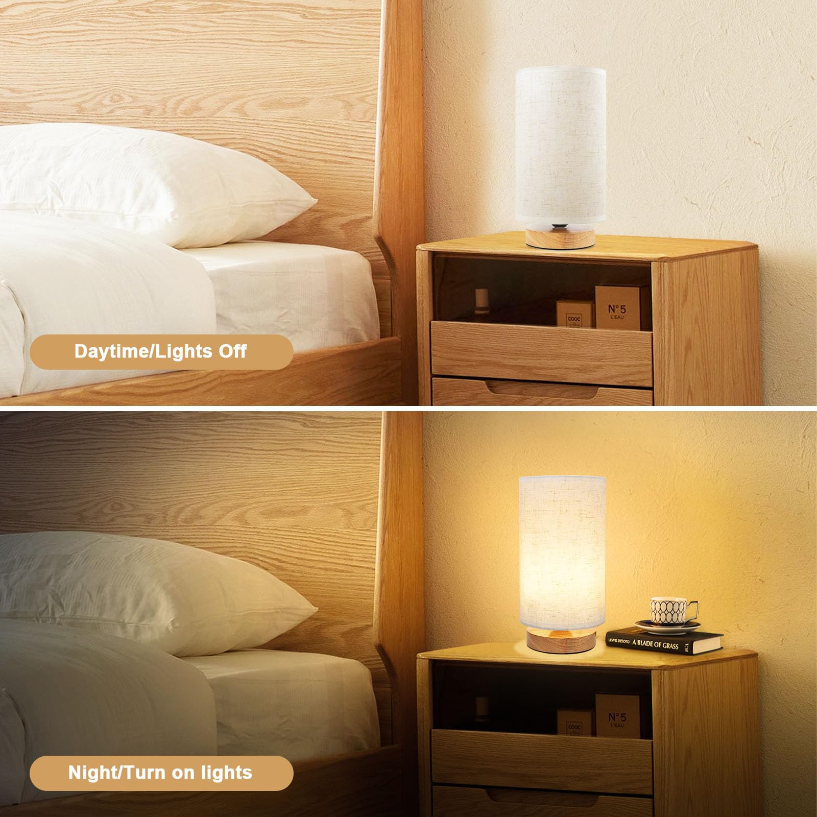 Uchenton Small Bedside Table Lamp For Bedroom, Minimalist Wood Base & Round Fabric Shade, Mini Cute Cozy Warm White Nightstand Boho Lamp, Study Desk Night Stand Light For Room, Dorm, Nursery, Living Room