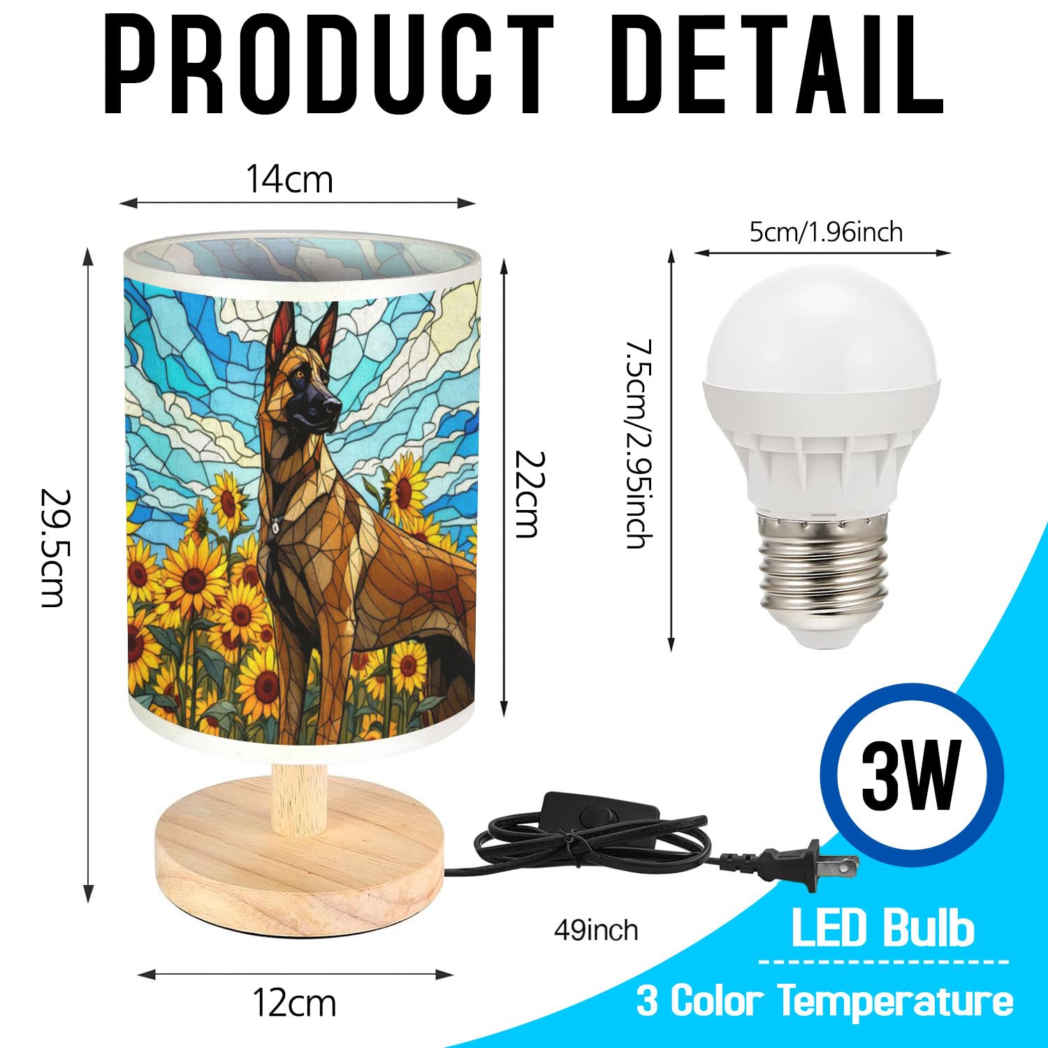 44Memory Belgian Malinois Table Lamp Led 3-Color Pressed Bedside, Dog Shade Lamp With Wood Base For Bedroom Living Room Desk Office