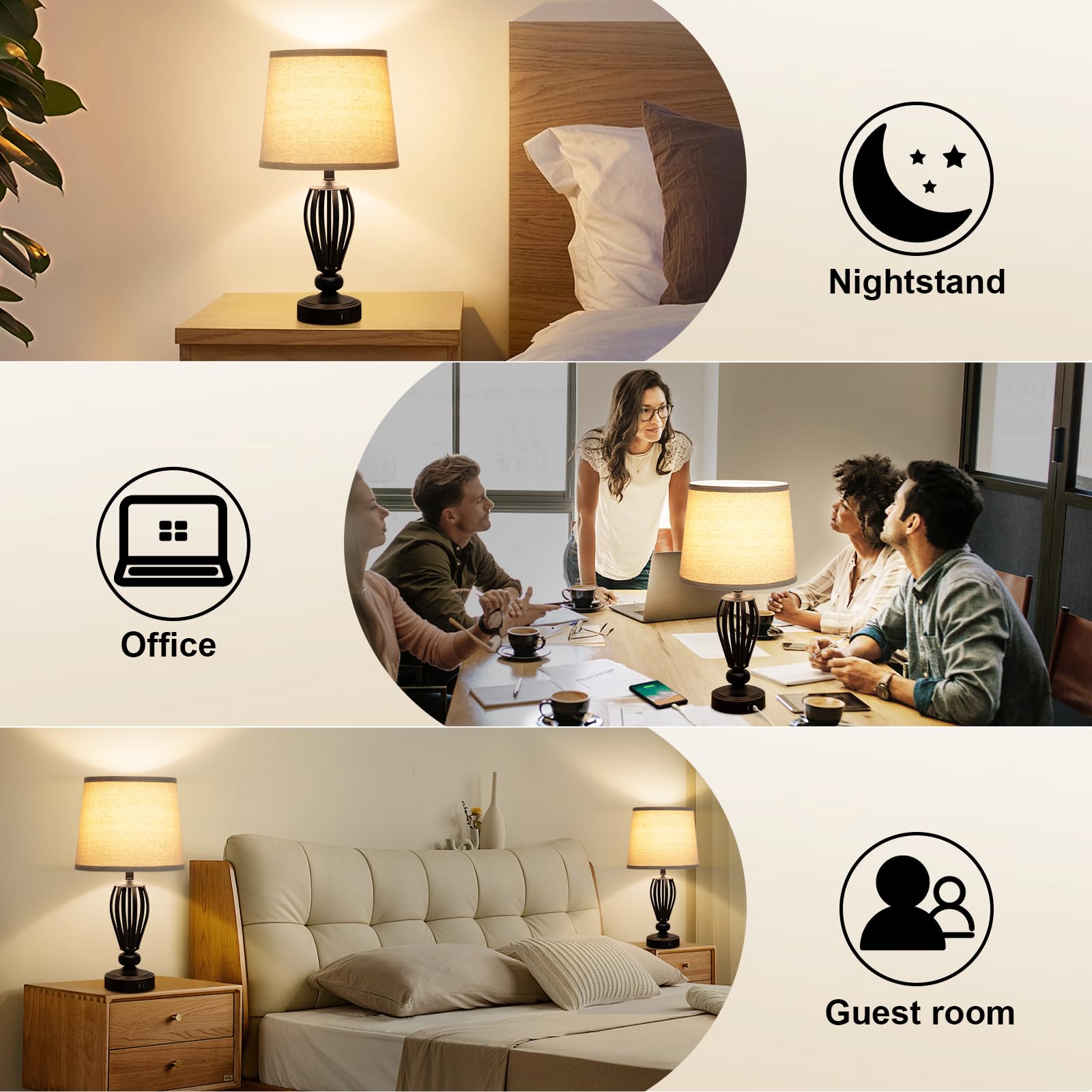 Seaside Village Usb Bedside Lamp, 3-Way Dimmable Touch Table Lamp With Usb C+A Charging Ports Industrial Table Lamp Black Metal Base Farmhouse Reading Lamp For Bedroom, Living Room, Office Or Study Led Bulb Included