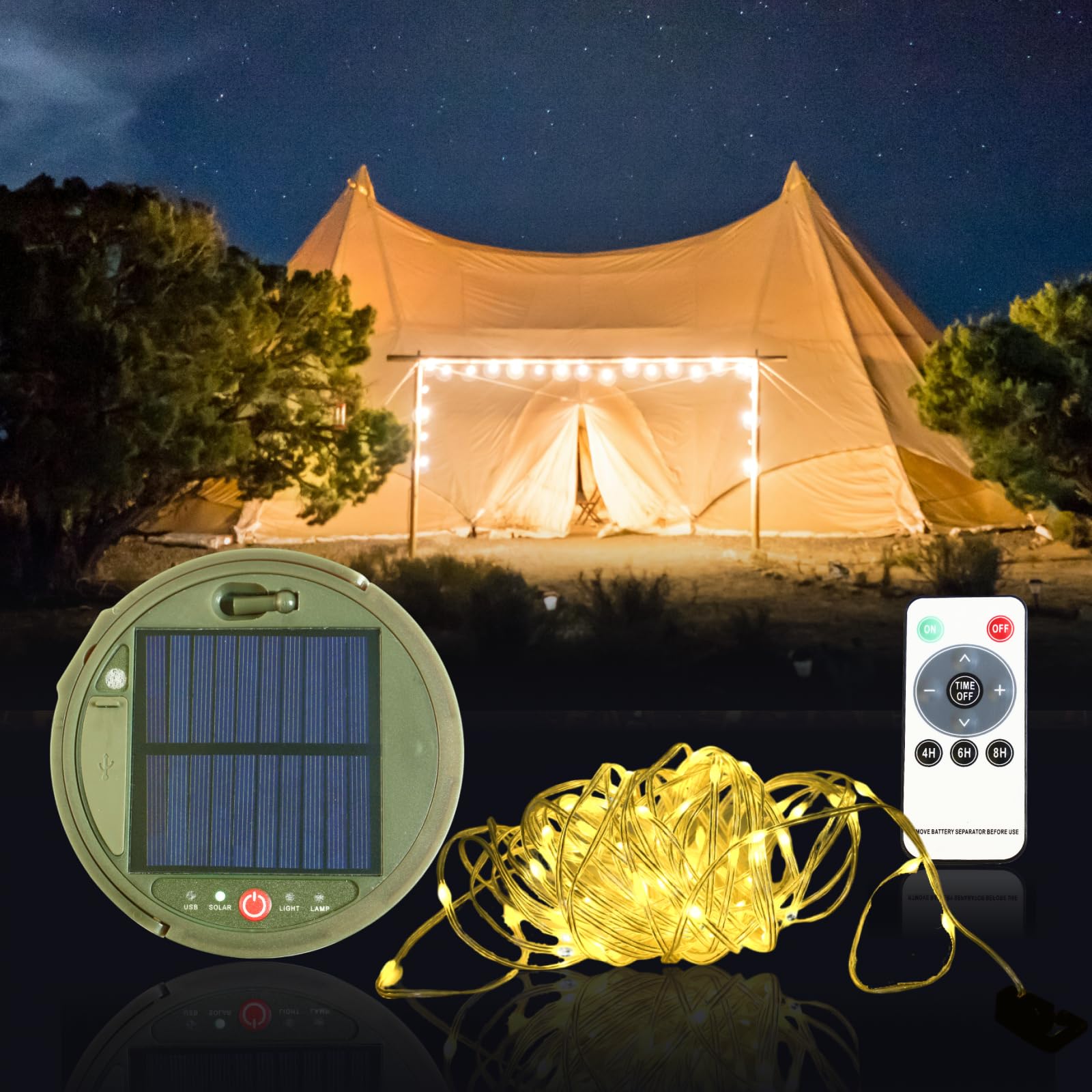 Cingalook 2 In 1 Solar Camping String Lights, 39.4Ft Ultra Long String With 150Ledsportable,Waterproof Camping Light For Hiking, Camping Decorations,Usb Rechargeable Light With Remote Control