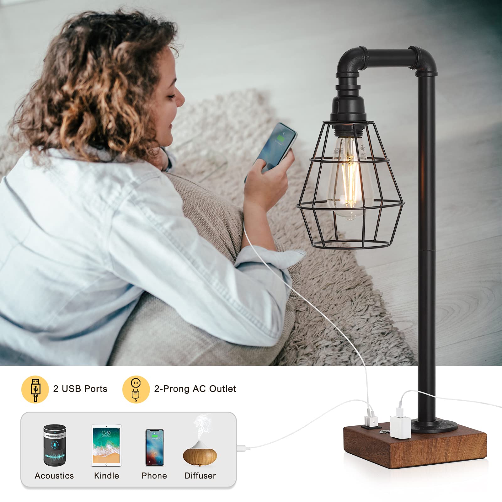 Caduke Industrial Touch Control Table Lamp, Led Bulb Included, 3 Way Dimmble Lamp With 2 Usb Ports And Ac Outlet, Bedside Nightstand Desk Lamps With Metal Cage Shade For Bedroom Living Room Farmhouse