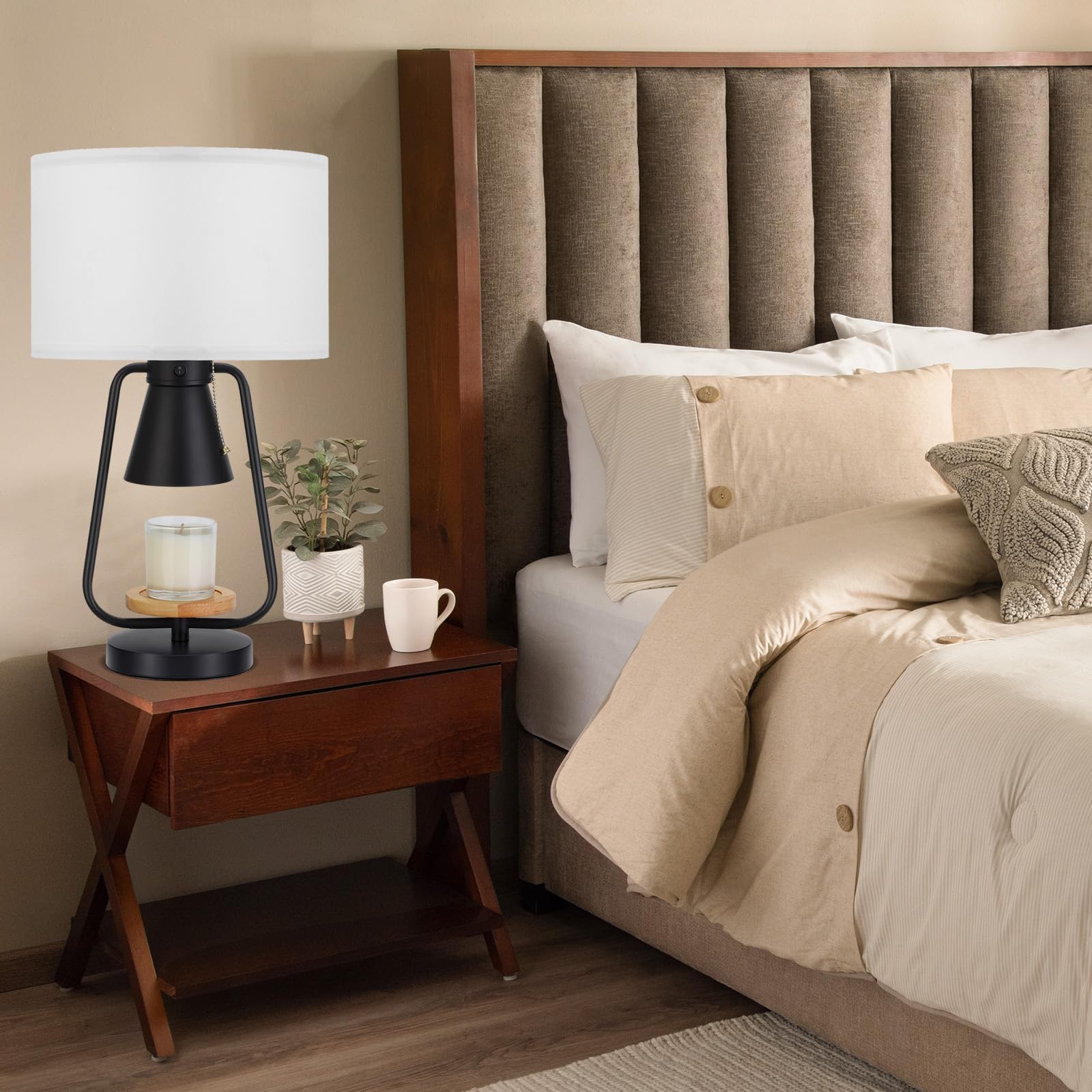 Riceears 21In Table Lamp With Candle Warmer 2 Bulbs, 2 Independent Switches, Large Table Lamp For Nightstand Bedroom Living Room Bed Side, E26 & Gu10 Bulbs Included