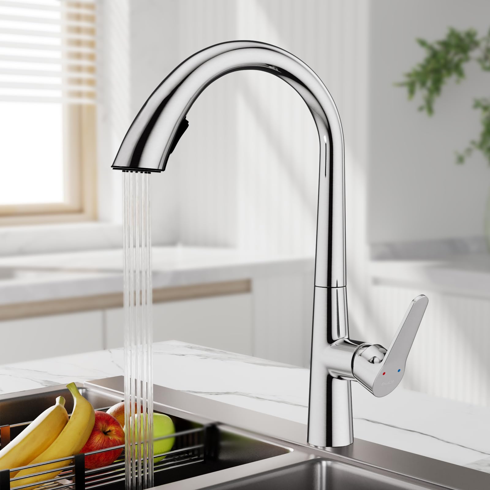 Bikusog Kitchen Faucet With Concealed Pull Down Sprayer, Swan Art,Imitation Swan Neck Curved Single Handle Brass Kitchen Sink Faucet,Kitchen Sink Faucet Suit For Kitchen Sink, Bar, Laundry, Rv(Silver)