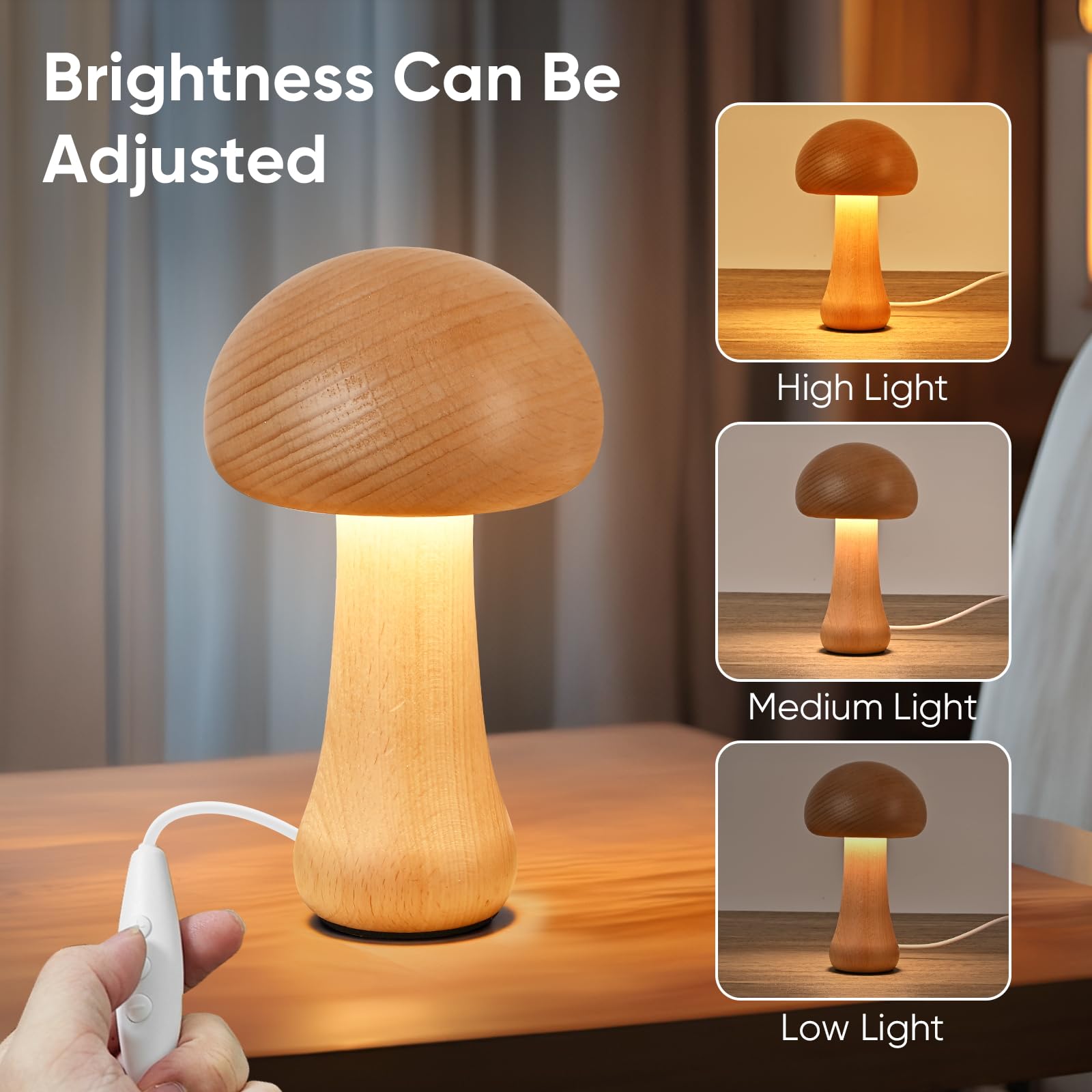 Lonrisway Led Creative Mushroom Table Lamp, Wood Desk Lamp, Bedroom Bedside Night Light, Dimmable Led Lighting, Creative Home Decor Table Lamp, Unique House Warmging