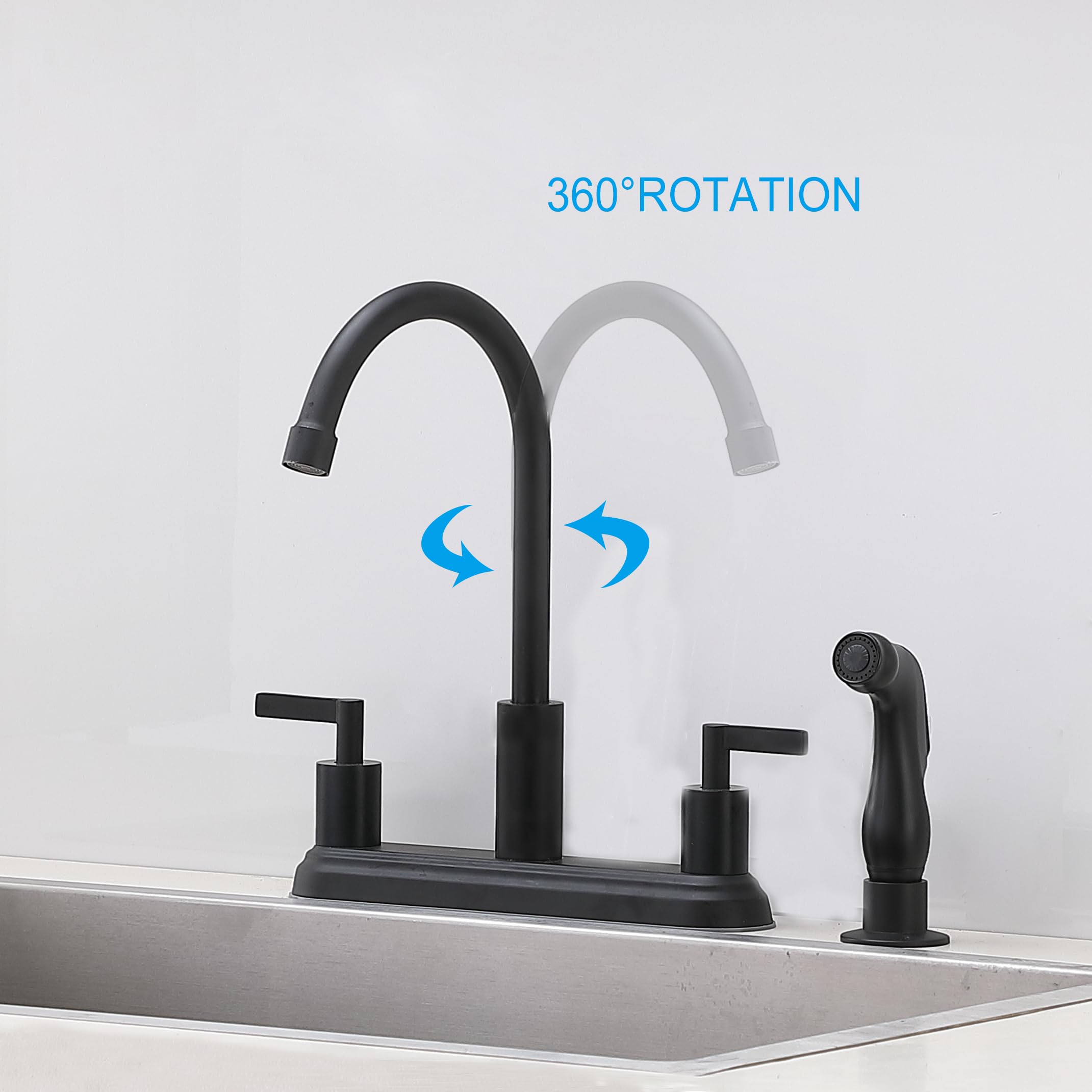 Ikebana 2 Handle Black Kitchen Faucet,2 Handle 3 Or 4 Hole Kitchen Sink Faucet With Side Sprayer,Commercial Lead- 360 Swivel Stainless Steel Kitchen Faucet For Rv Camper Laundry Farmhouse Bar Sink