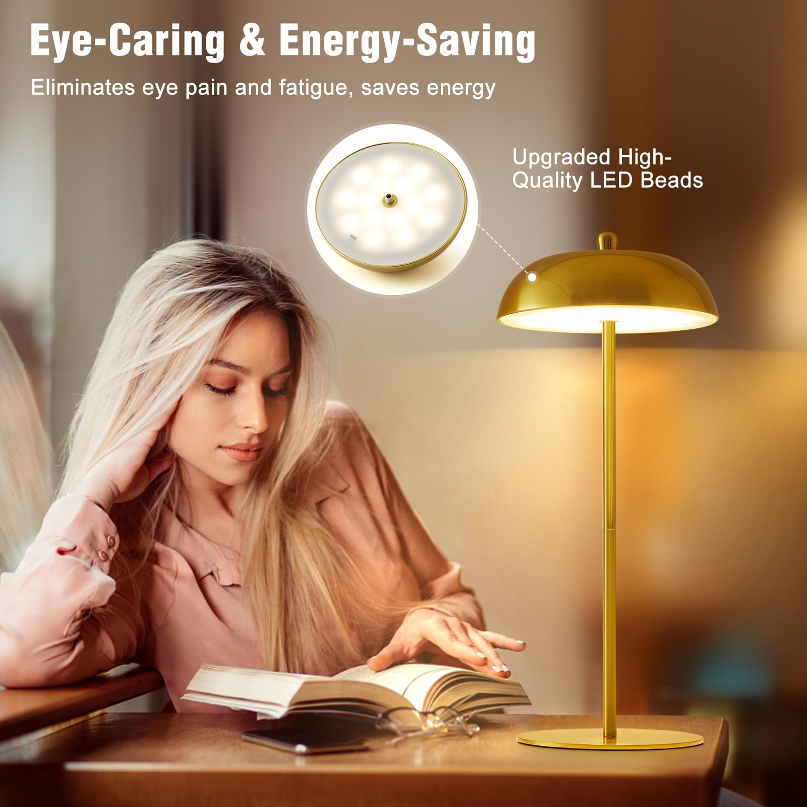 Ejiaxin Cordless Table Lamp Rechargeable - Battery Operated Adjustable Height Led Desk Lamp 3 Way Dimmable Touch Nightstand Reading Lamp - Small Bedside Table Lamp For Dorm Home Bedroom Office Gold