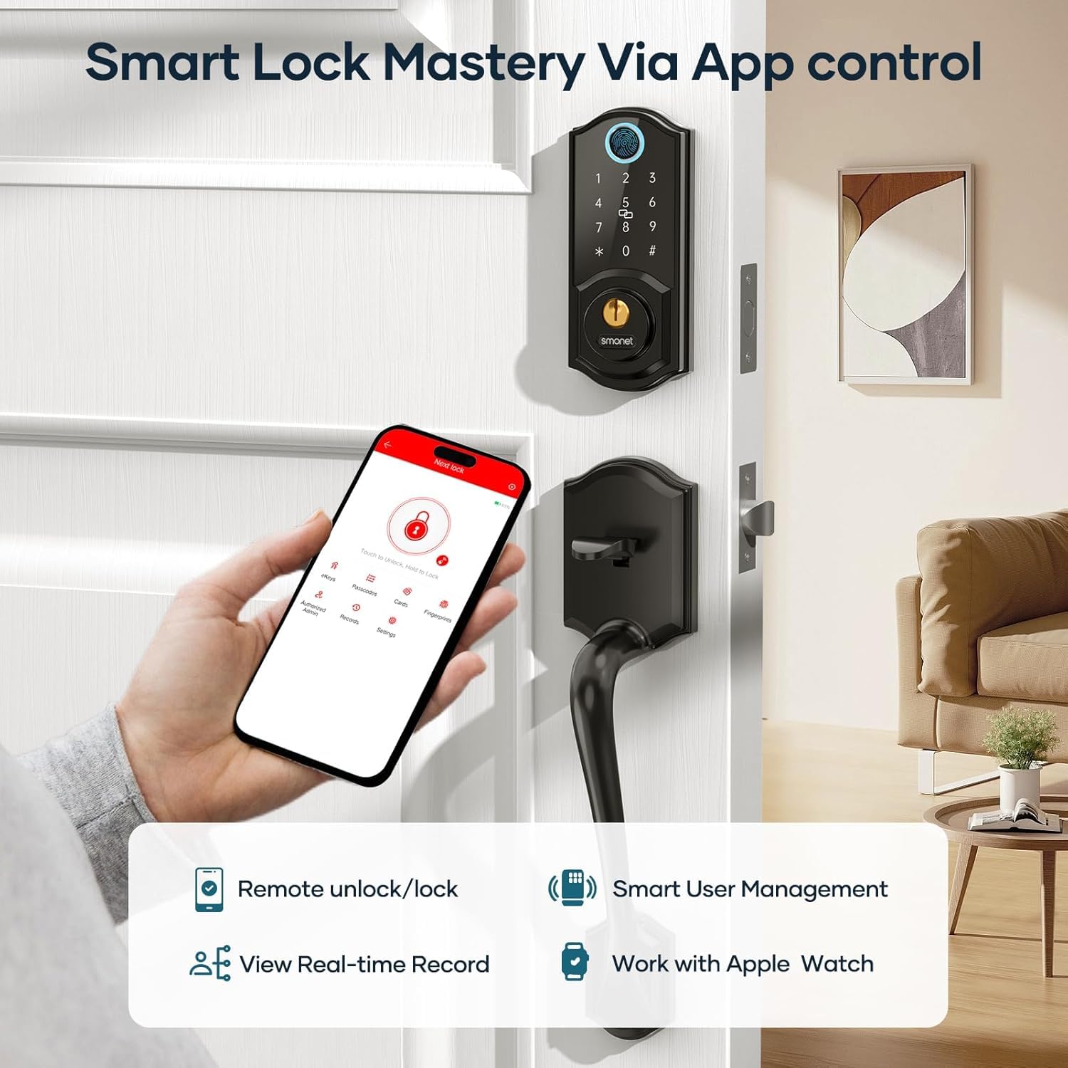 Smonet Smart Lock Front Door, Keyless Entry Door Lock With Handle, Smart Front Door Lock Set Fingerprint Smart Deadbolt Bluetooth Electronic Digital Keypad Lock, Auto Lock Work With Alexa, Black