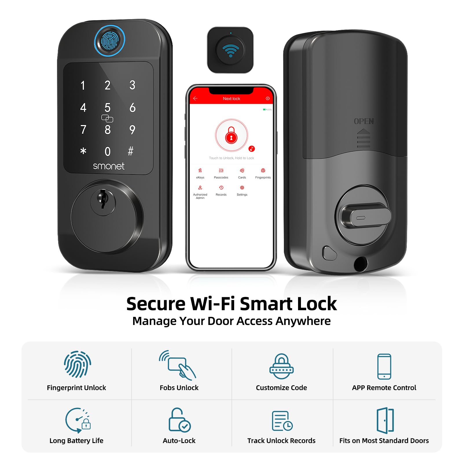 Smonet Smart Locks Wifi Deadbolt: Fingerprint Front Door Lock Keyless Entry With Keypad Electronic Digital Deadbolt Alexa Gateway Remote Control, Bluetooth App Keyfob Code Auto-Lock For Home, Black