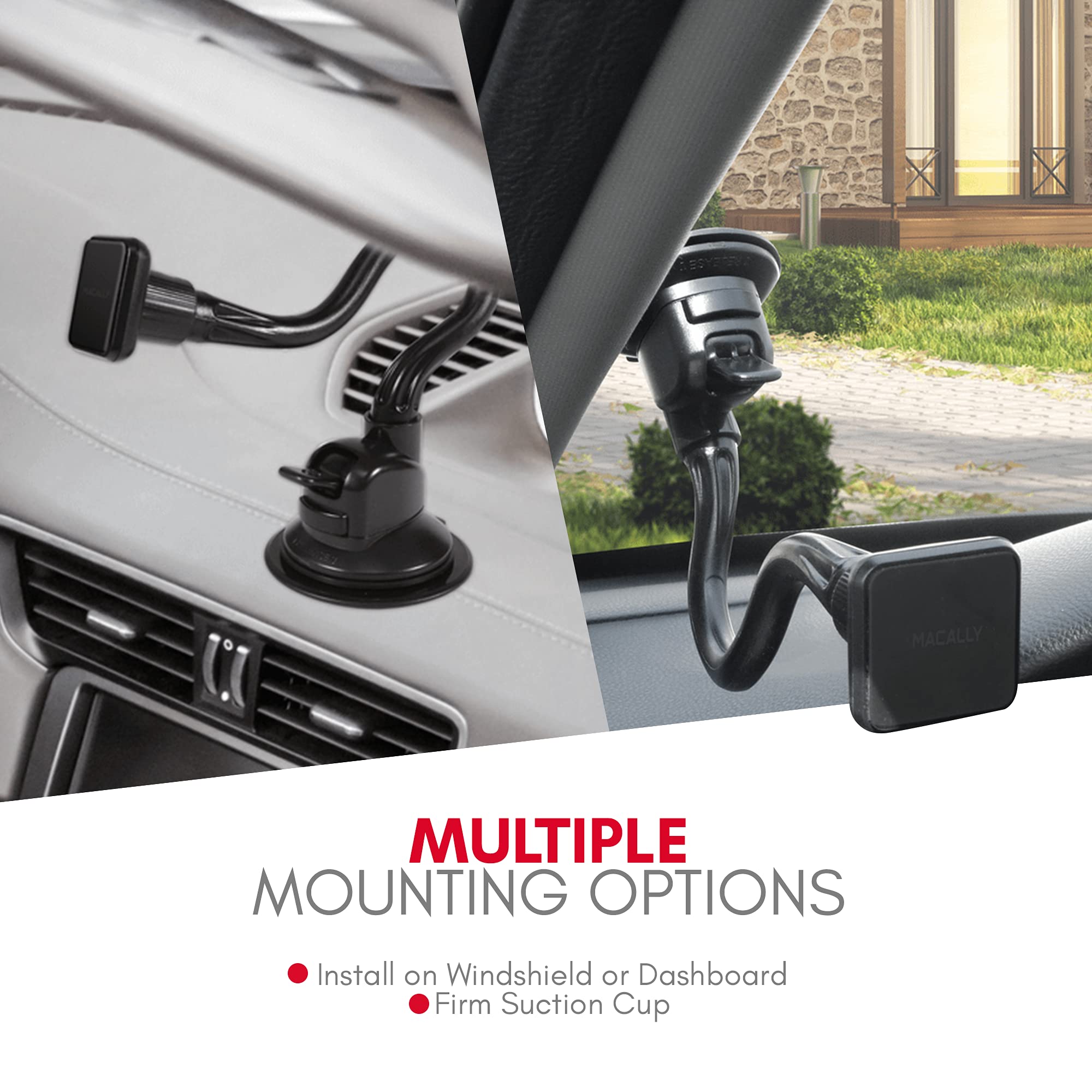Macally Windshield Phone Mount For Car Magnetic - Suction Cup Window Mount Phone Holder With 8" Long Gooseneck Arm & Super Strong Magnet Mount For Smartphone And Iphone