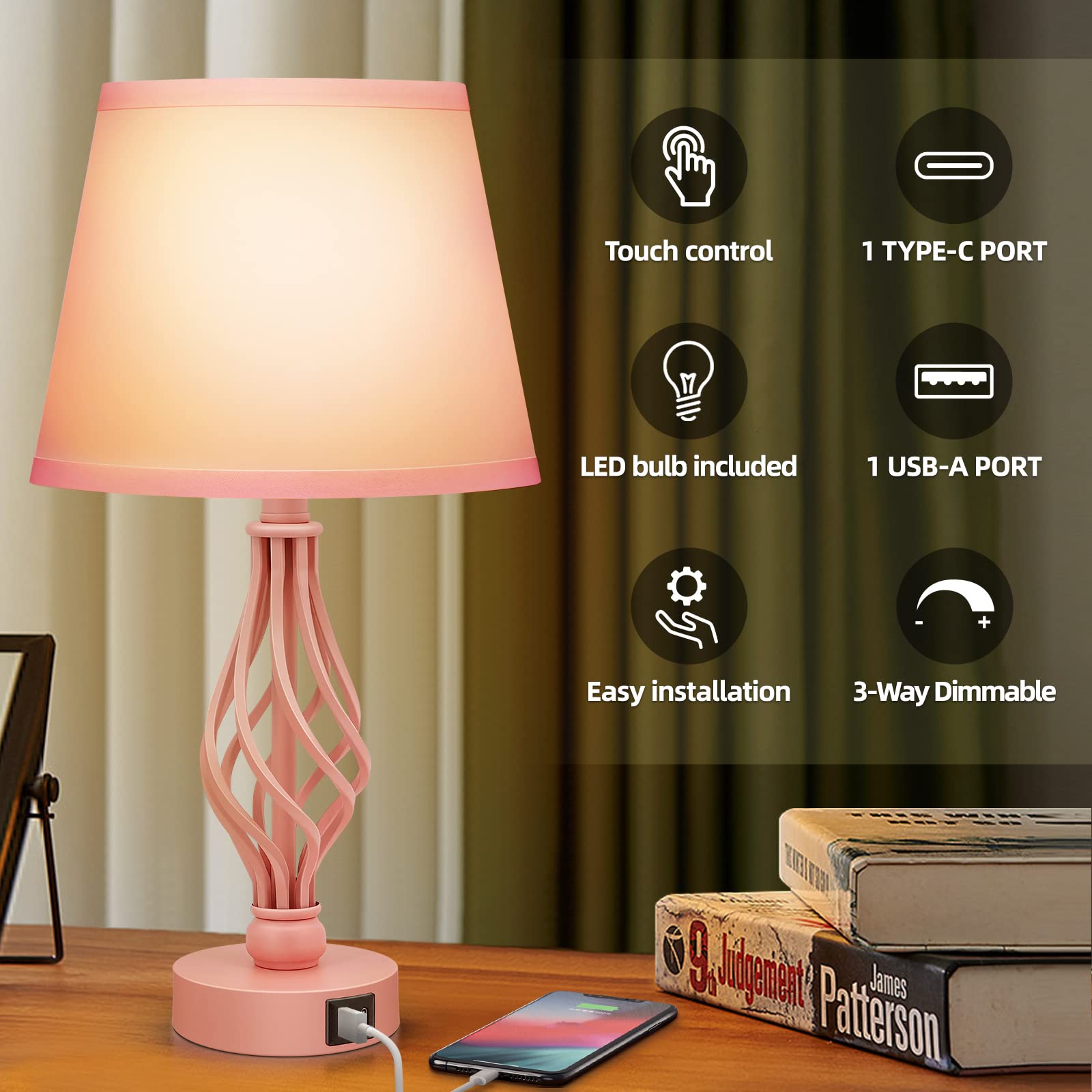 Wiomonrew Touch Table Bedside Lamps Set Of 2, Nightstand Bedside Nightstand Lamps With Usb Type-C Ports, Girls Desk Lamp For Living Room Bedroom Side Table (Pink)