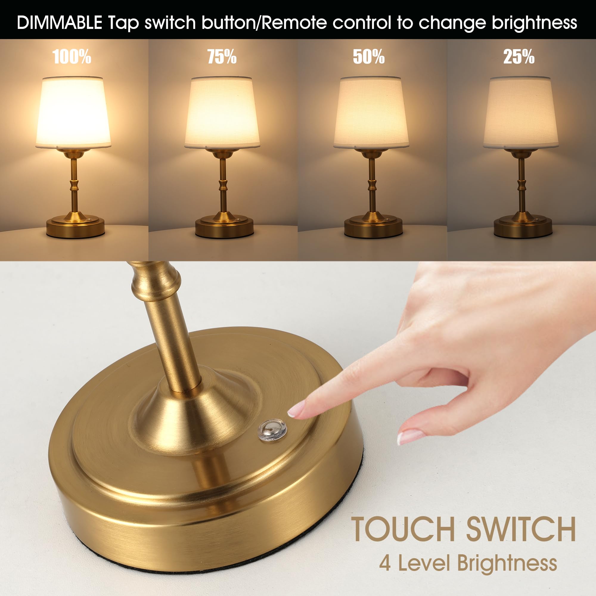 Hojoyri Vintage Gold Cordless Table Lamp With Remote And Touch Control, Wireless Small Led Battery Powered Rechargeable Portable Table Lamp, Dimmable 3 Color Mini Desk Lamp For Home Kithchen Patio