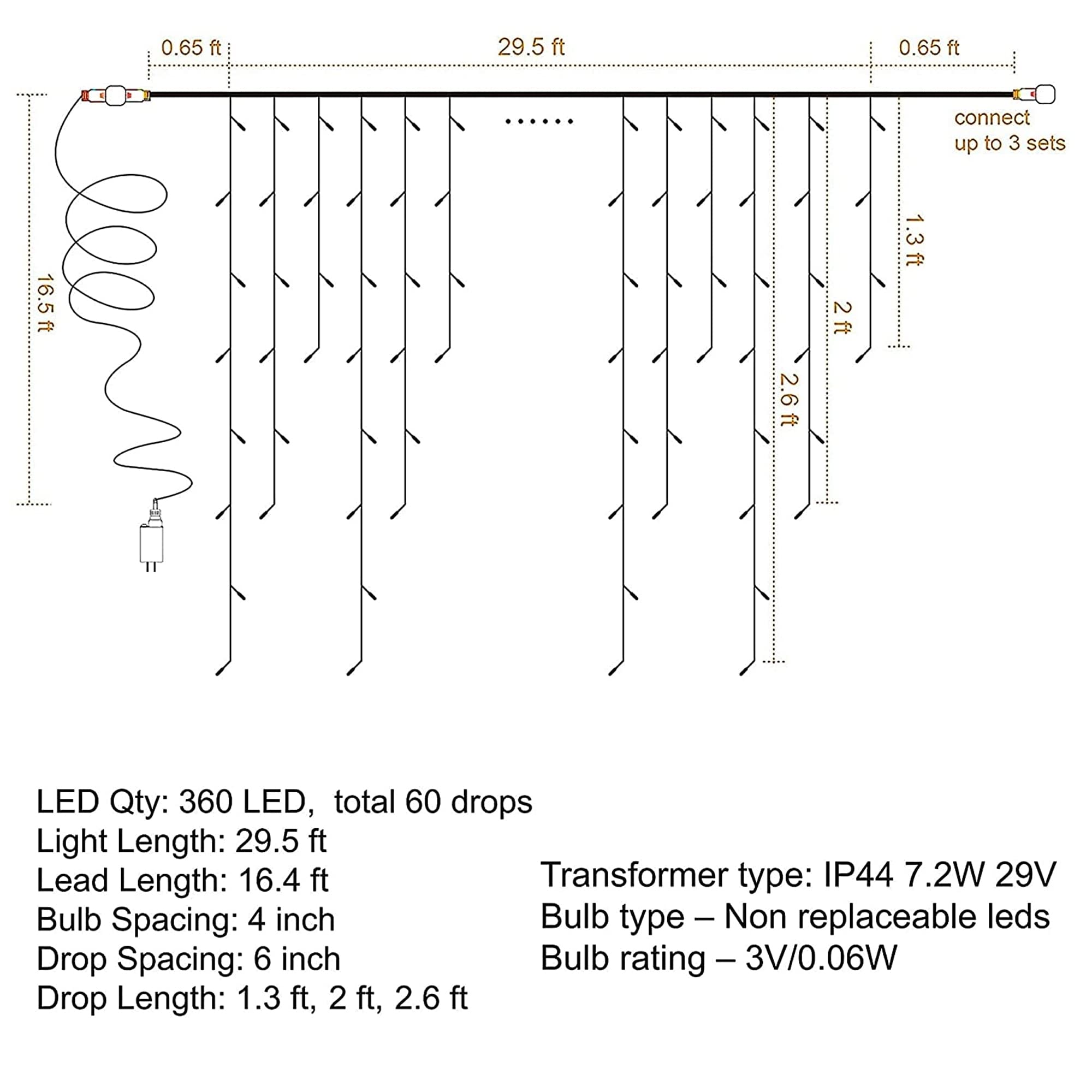 Dazzle Bright 360 Led Christmas Icicle Lights, 29.5 Ft 8 Modes Curtain Fairy Lights With 60 Drops, Connectable Xmas String Lights For Outside Holiday Wedding Party Decorations (White)