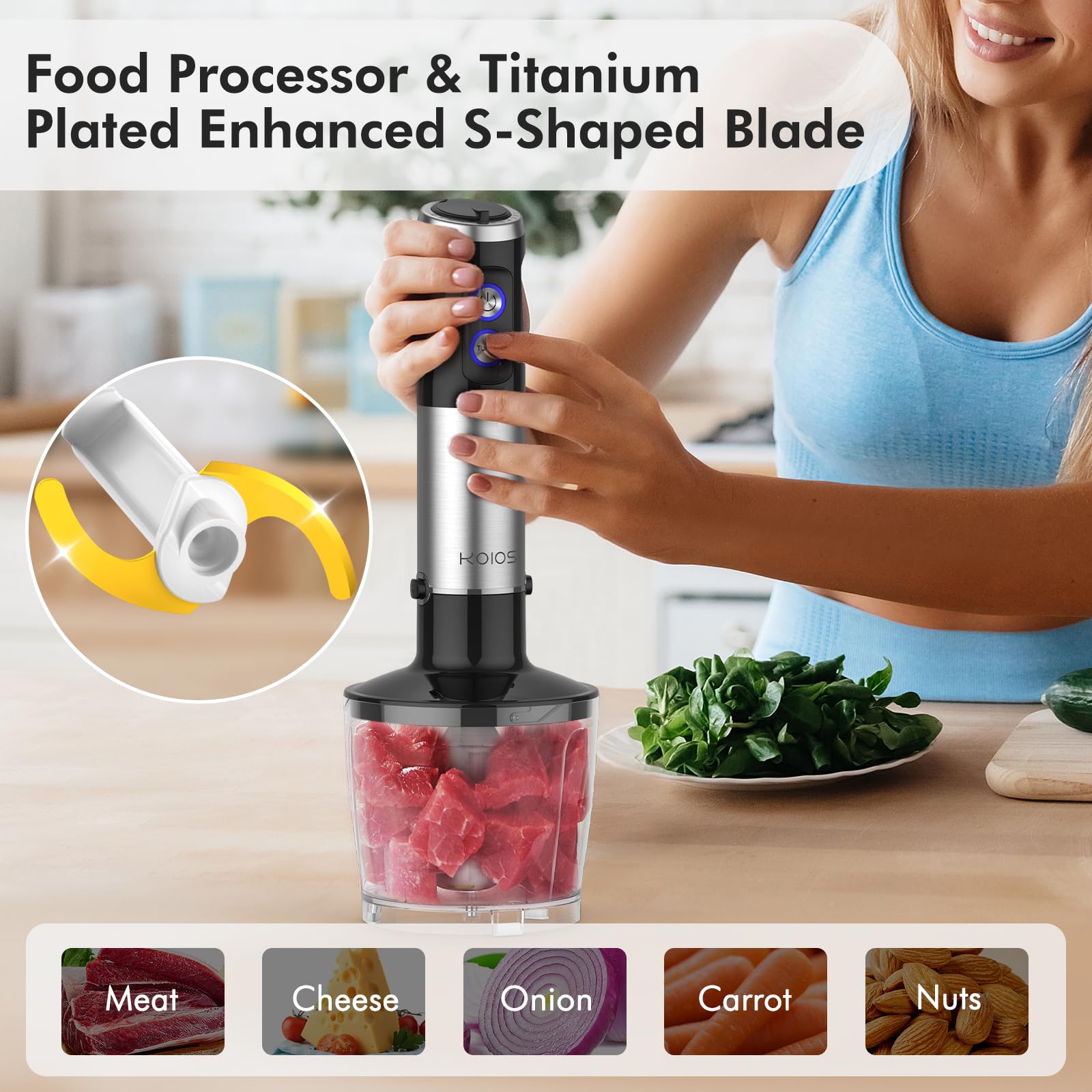 Koios 1000W Immersion Hand Blender, Upgrated 5-In-1 Handheld Blender, Full Copper Motor, Titanium Enhanced Blender Shaft, 12-Speeds, 600Ml Mixing Beaker, 500Ml Chopper, Whisk & Milk Frother