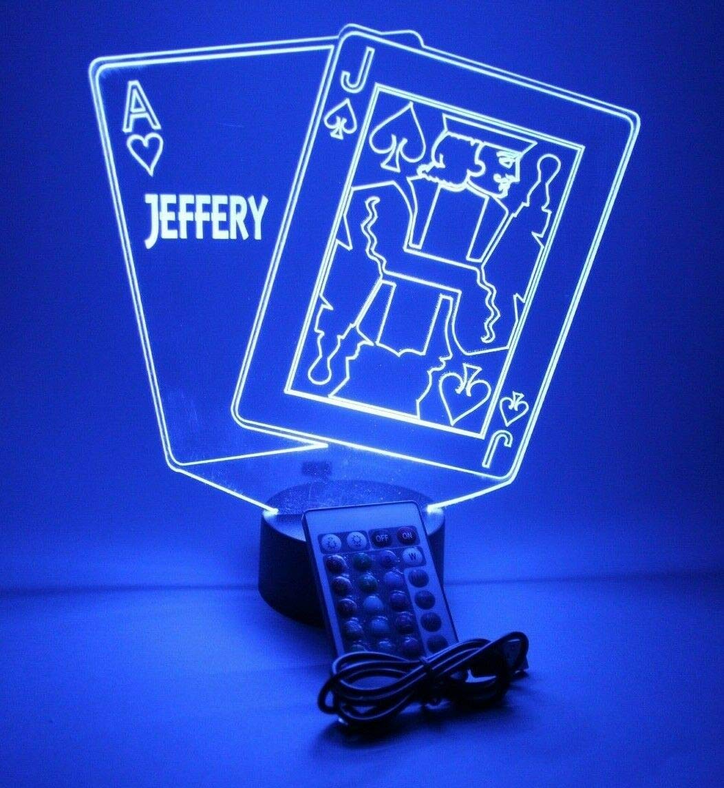Mirror Mania Ace And Jack Blackjack Playing Cards Night Light Up Lamp Led Personalized Black Jack Twenty One Desk Table Lamp - It'S Wow, With Remote, 16 Colors, Engraved, Great