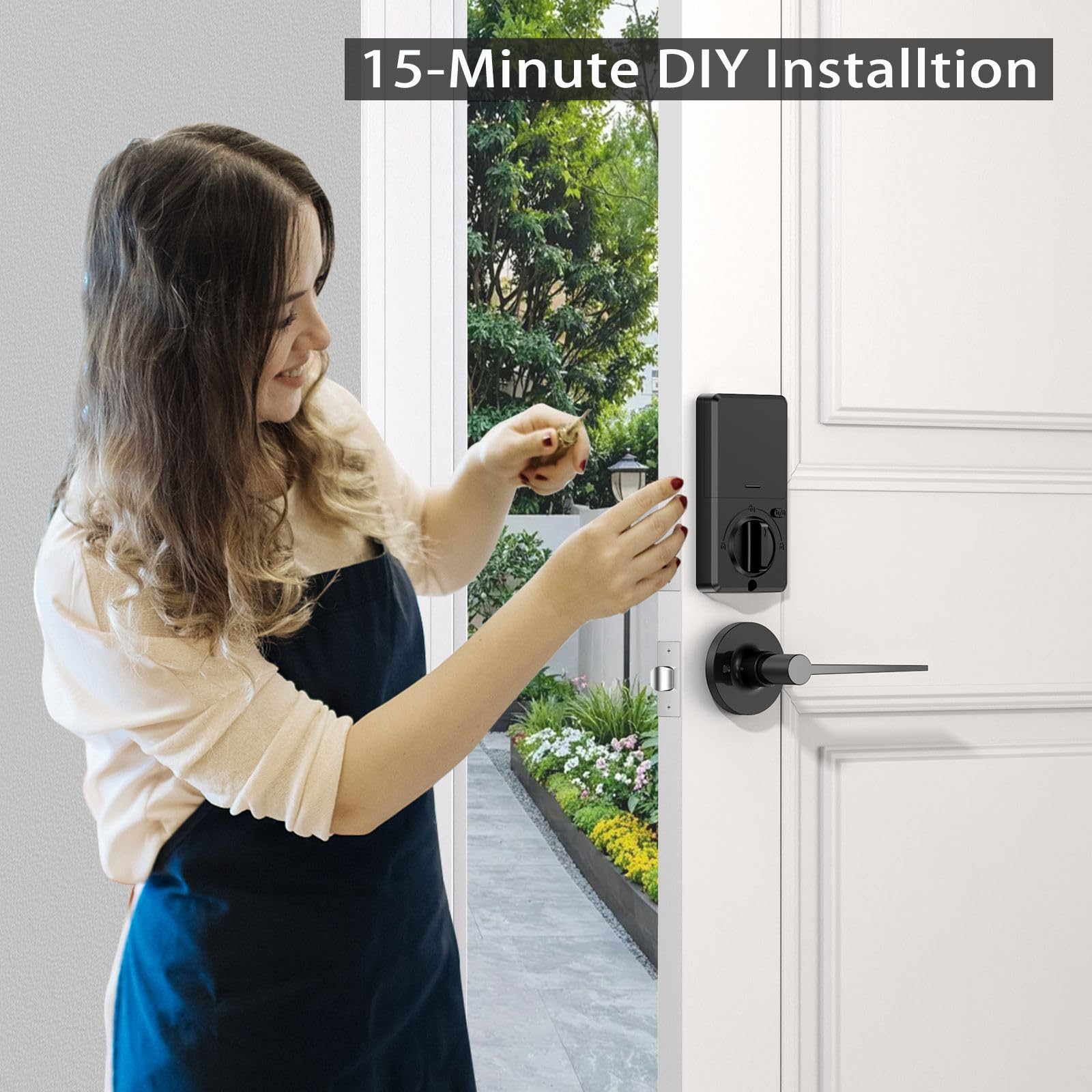 Nbfrutk Keyless Entry Door Lock Deadbolt With Handle Set- Front Door Fingerprint Smart Locks With 2 Lever Handles-Keypad Code Deadbolt -App Control,Auto Lock,Easy To Install