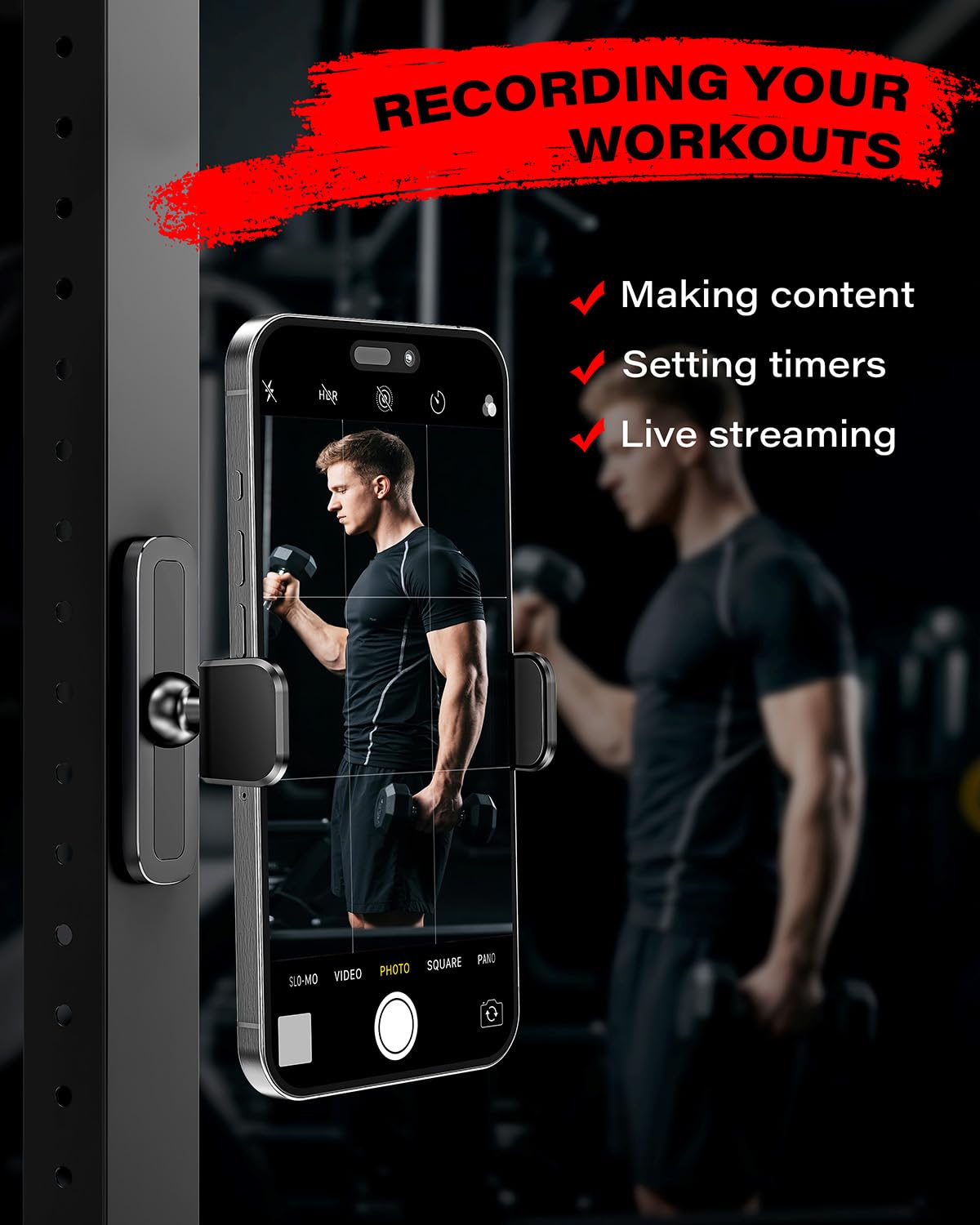 Apps2Car Gym Magnetic Phone Holder, 360 Adjustable, Compatible With 4.7-6.5" Smartphones, Alloy Base And Joint, Black