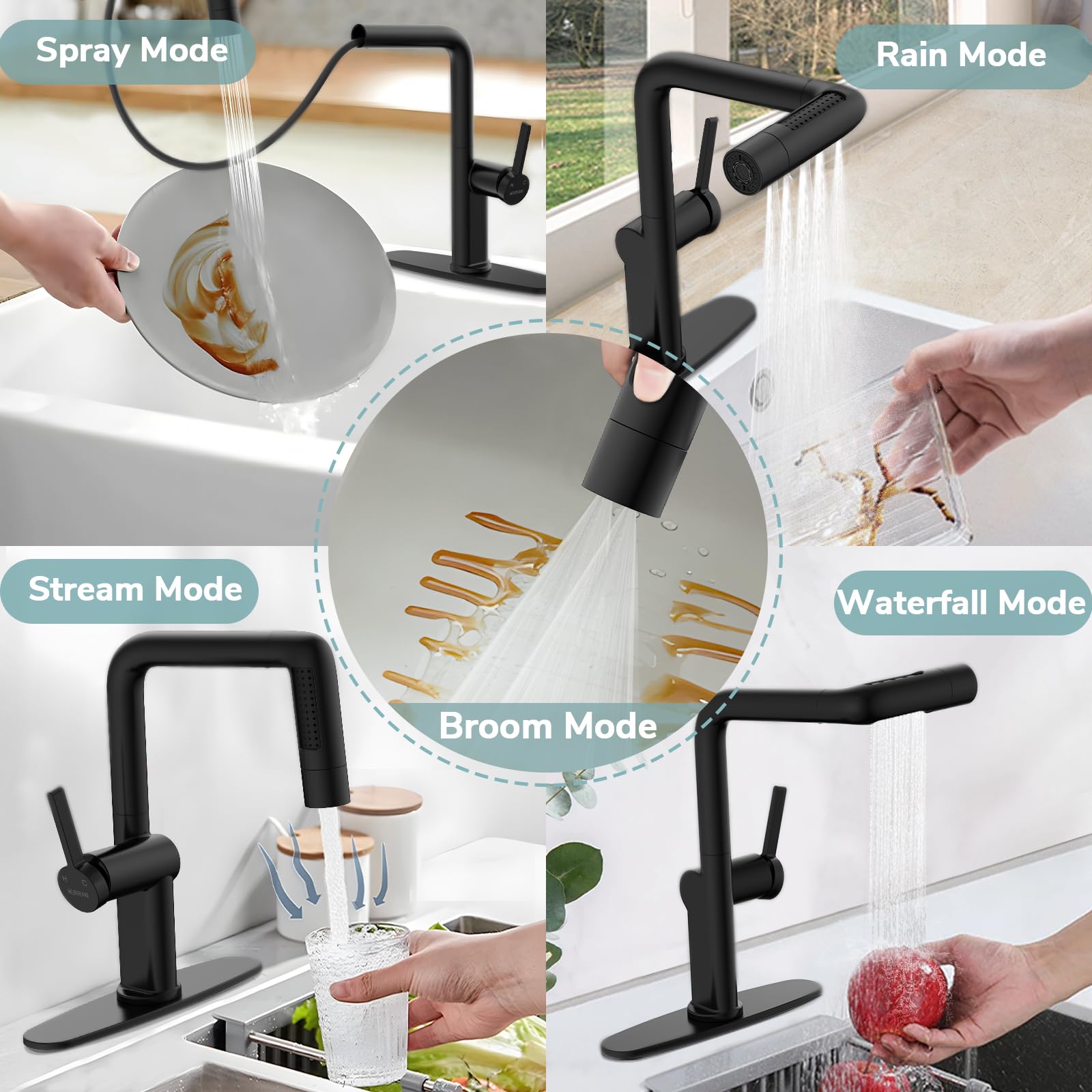 Hurran Waterfall Kitchen Faucet With Pull Down Sprayer, Kitchen Sink Faucets With 5 Spout Modes, 360° Swivel Single Handle Faucet With Deck Plate, Matte Black
