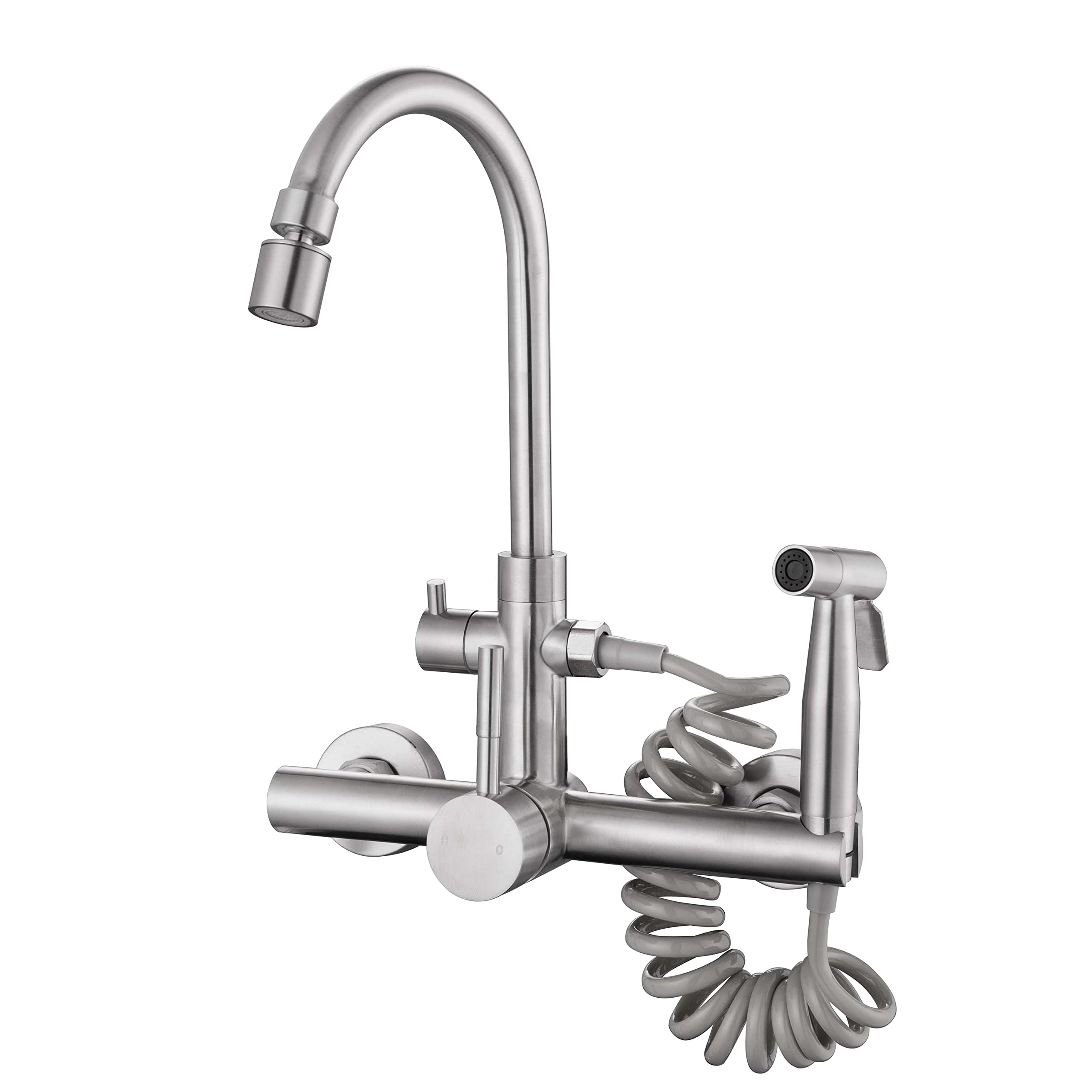 Vosomgssa Brushed Nickel Wall Mount Kitchen Faucet - 8 Inch, Swivel Spout, Spray & 2 Water Jets