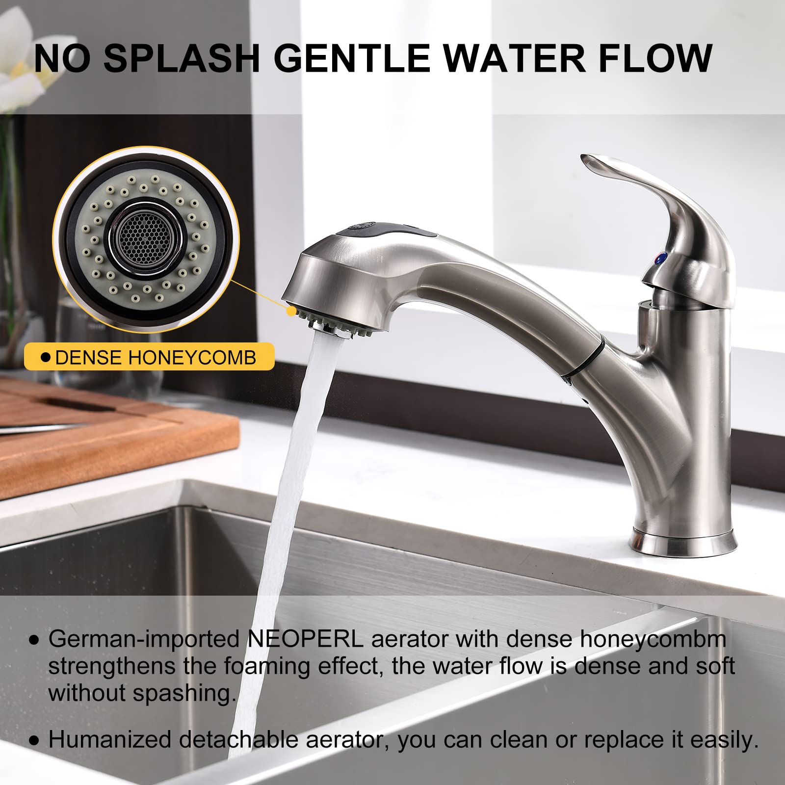 Bravebar Kitchen Faucet With Sprayer, Brushed Nickel Sink Pull Out Single Handle 1 Hole Solid Brass Commercial Rv 2 Modes & 150 Rotation & No Lead