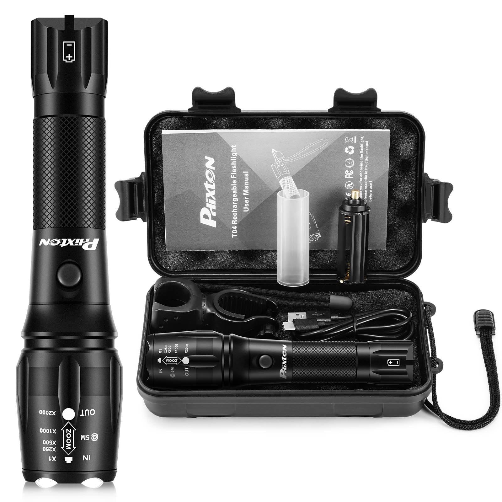 Phixton 2 Pack Rechargeable Flashlights, T04 Usb C + Ph2401 Long Range
