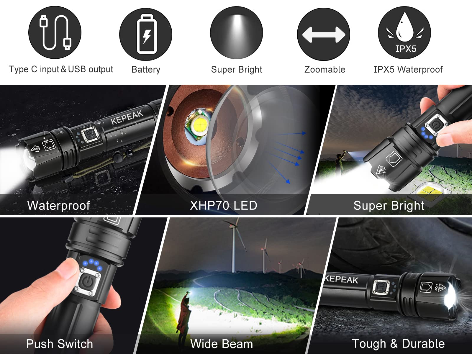 Kepeak Flash Light, 5 Modes Rechargeable Flashlights, 2000 Lumens Super Bright Led, High Powered, Zoomable, Utility Handheld Waterproof Flashlight For Camping, Emergency
