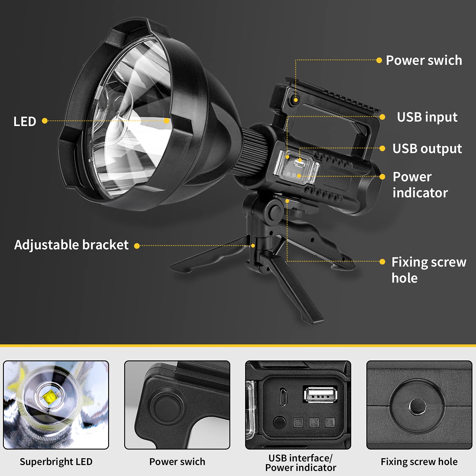 Yongkist Super Bright Rechargeable Led Spotlight,Handheld Tactical Flashlight 4 Modes High Power Portable Waterproof Searchlight For Outdoor Tripod, Adpater And Usb Cable Included