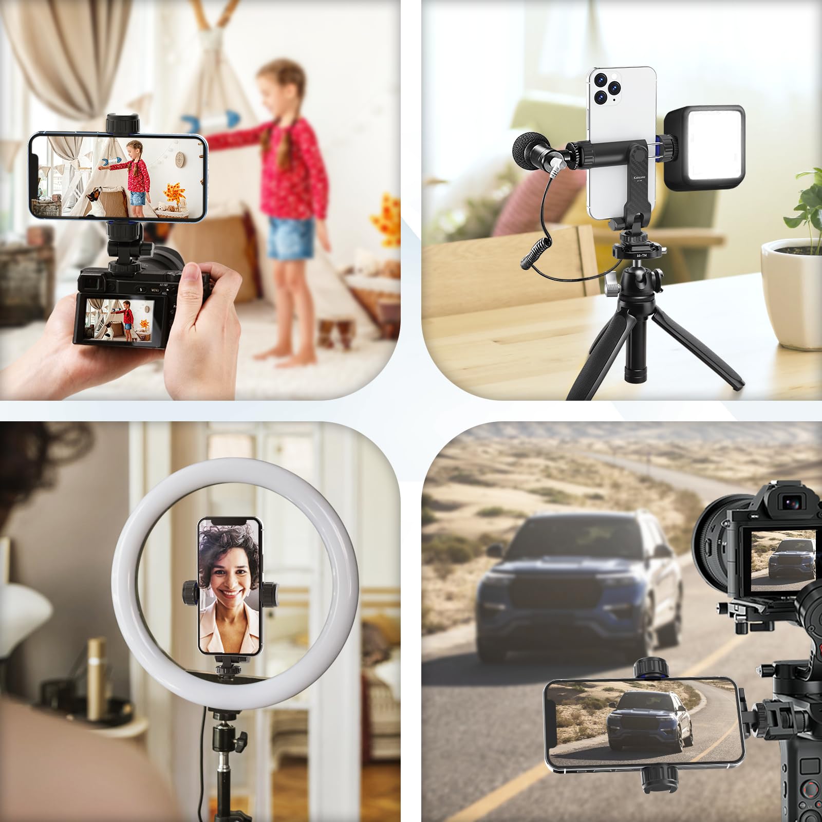 Kaitezenz Cell Phone Tripod Mount, Universal Tripod Phone Mount With 2 Cold Shoes, 360° Rotates 180° Tilts Camera Hot Shoe Phone Mount Smartphone Tripod Holder Adapter For Iphone Samsung All Phone