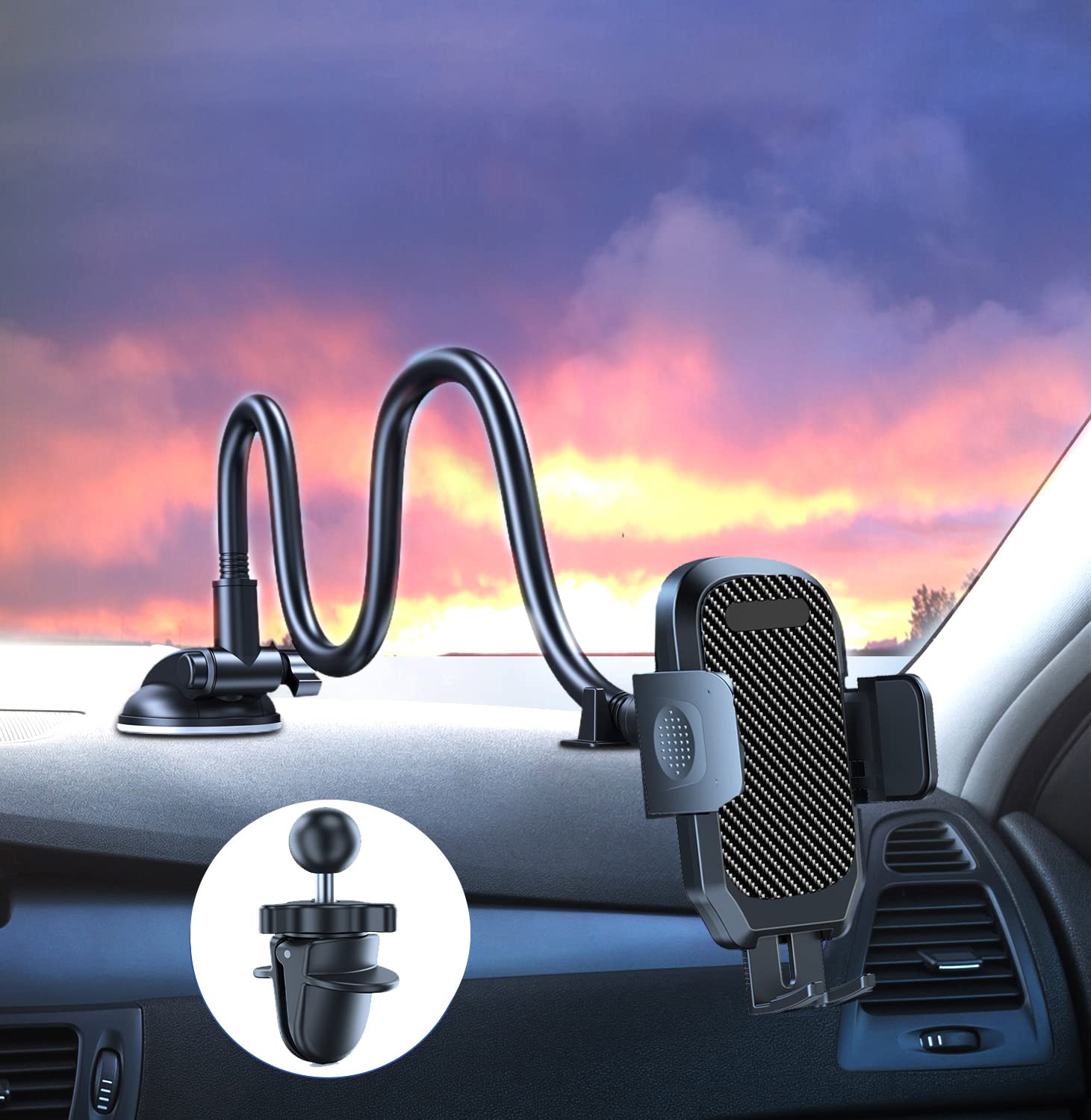 Ywecan Cell Phone Holder Car [Military Grade Powerful Suction] Car Phone Holder Mount Adjustable Gooseneck For Truck Dashboard Windshield Vent For Iphone 16 15 14 All Mobile Phones