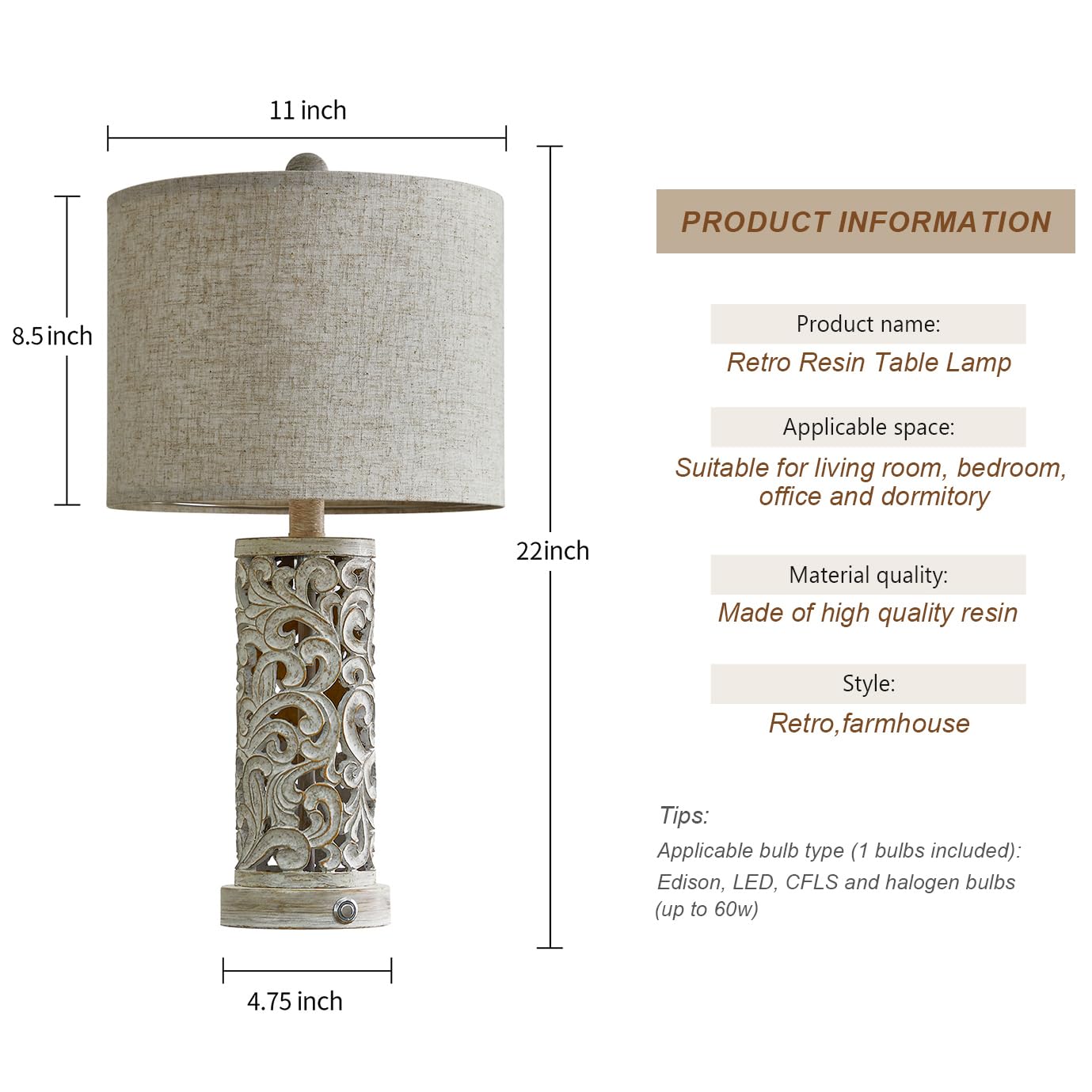 Oyears 3-Way Dimmable 22'' Usb A+C Touch Control Table Lamp With Nightlight For Living Room Bedroom Farmhouse Bedside Nightstand Lamps (Bulb Included)