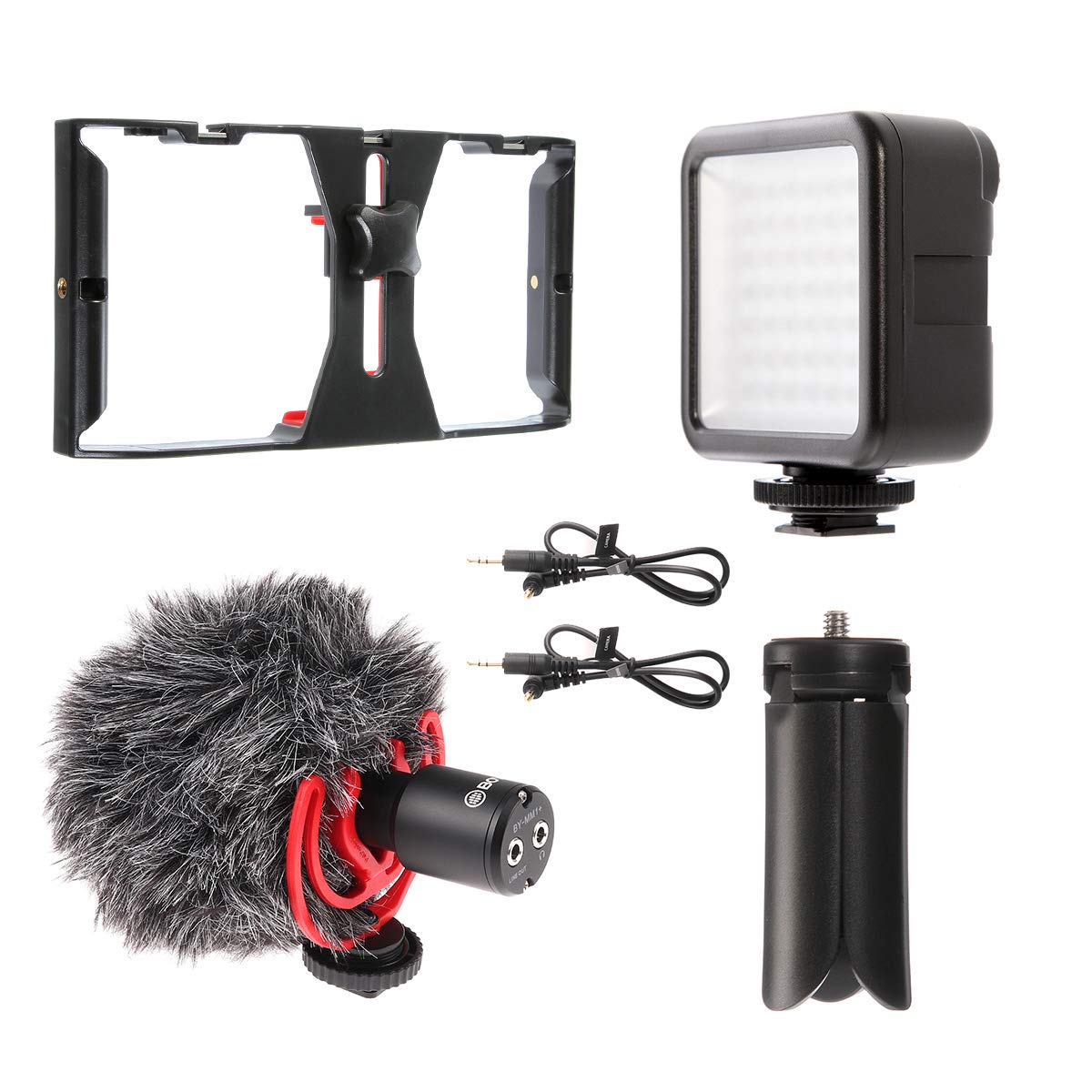 Focusfoto Pro U-Rig Smartphone Video Camera Cage Mount Holder Stabilizer Grip With  By-Mm1+ Microphone Mic+ 49 Led Light+ Mini Tripod Kit For Mobile Phone Iphone Filmmaking Videomaker