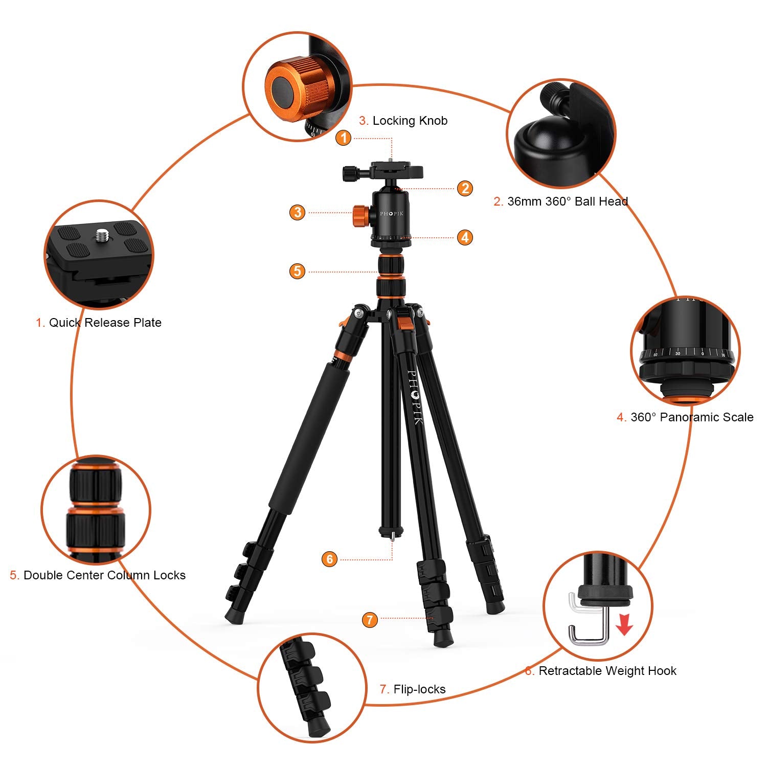 Phopik 77" Camera Tripod,Travel Tripod For Dslr,Professional Tripod With 360 Degree Ball Head,Camera Tripods & Monopods With Carry Bag For Camera, Ipad,Phone,Lightweight Load Up To 17.6 Pounds