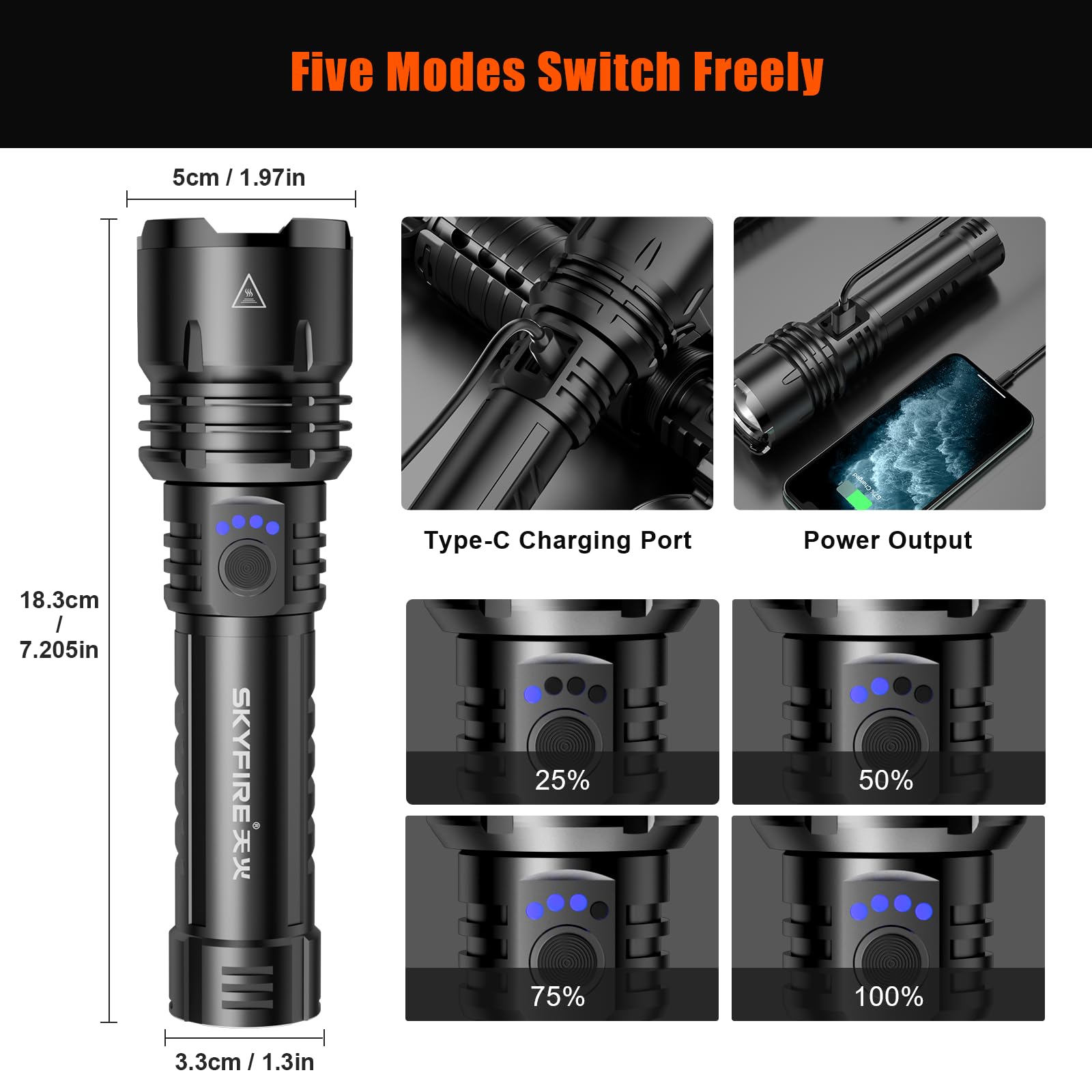 Skyfire Rechargeable Flashlights 1000000 High Lumens With Ignition Lens, Led Super Bright Zoomable Flash Light, 5 Modes Waterproof Handheld Powerful Utility Flashlight For Emergency Camping Hiking