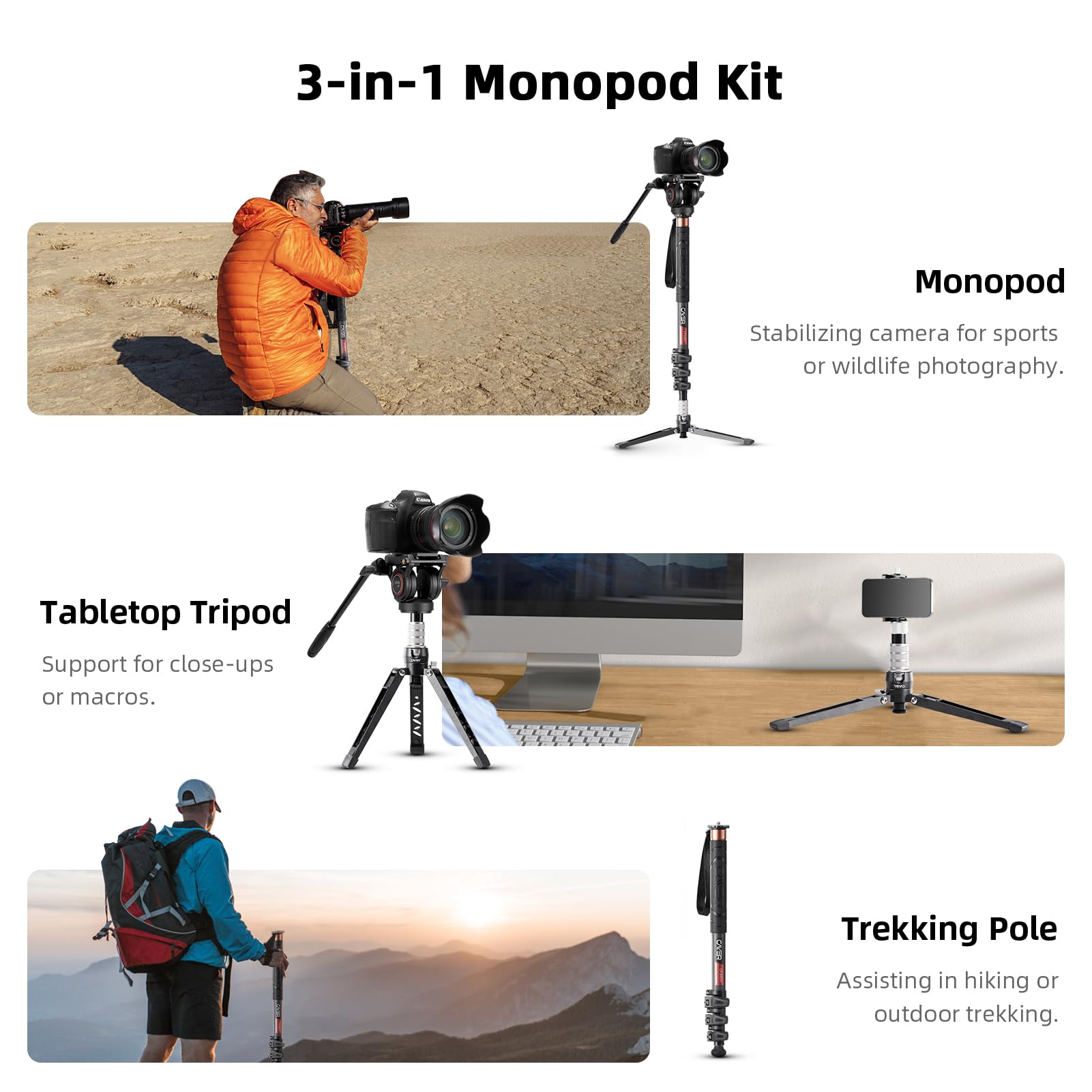 Cayer Cf34 Carbon Fiber Camer Monopod Kit, 72 Inch Professional Telescopic Video Monopods With Video Fluid Head And Folding Support Base For Dslr Video Cameras Camcorders, Plus 1 Extra Sliding Plate