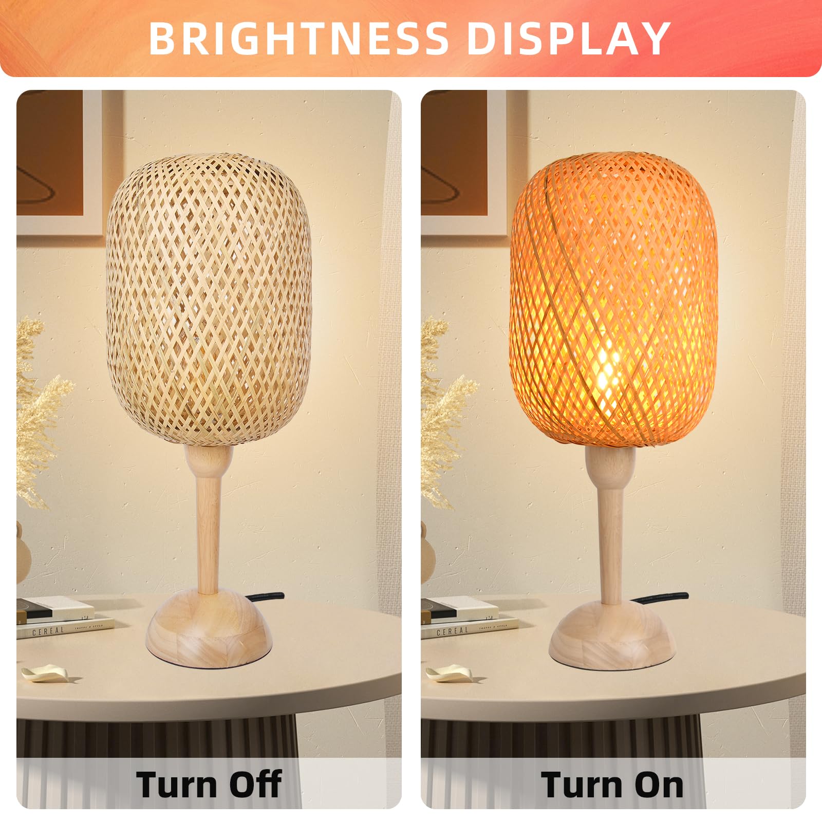 Arturesthome Large Bamboo Weaving Table Lamp With Wooden Base Eye-Caring Bedside Night Light,Wicker Table Lamp Rustic Desk Lamp For Kids Room,Home Decor