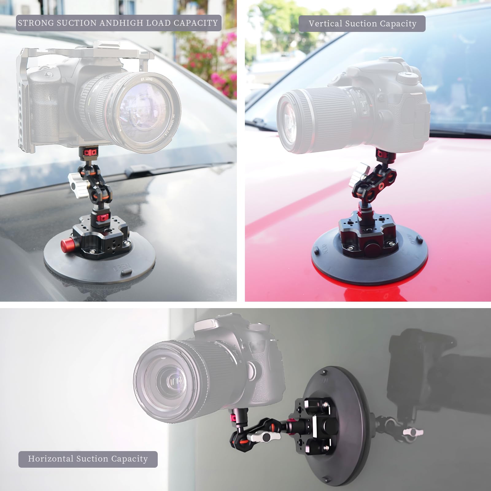 Fifield 6In Camera Suction Cup Phone Mount With Ball Head Magic Arm, Quick Release Car Mount For Action Camera Phone Dji Insta360, Air Pump Vacuum Suction Cup, 1/4" 3/8" Arri Holes