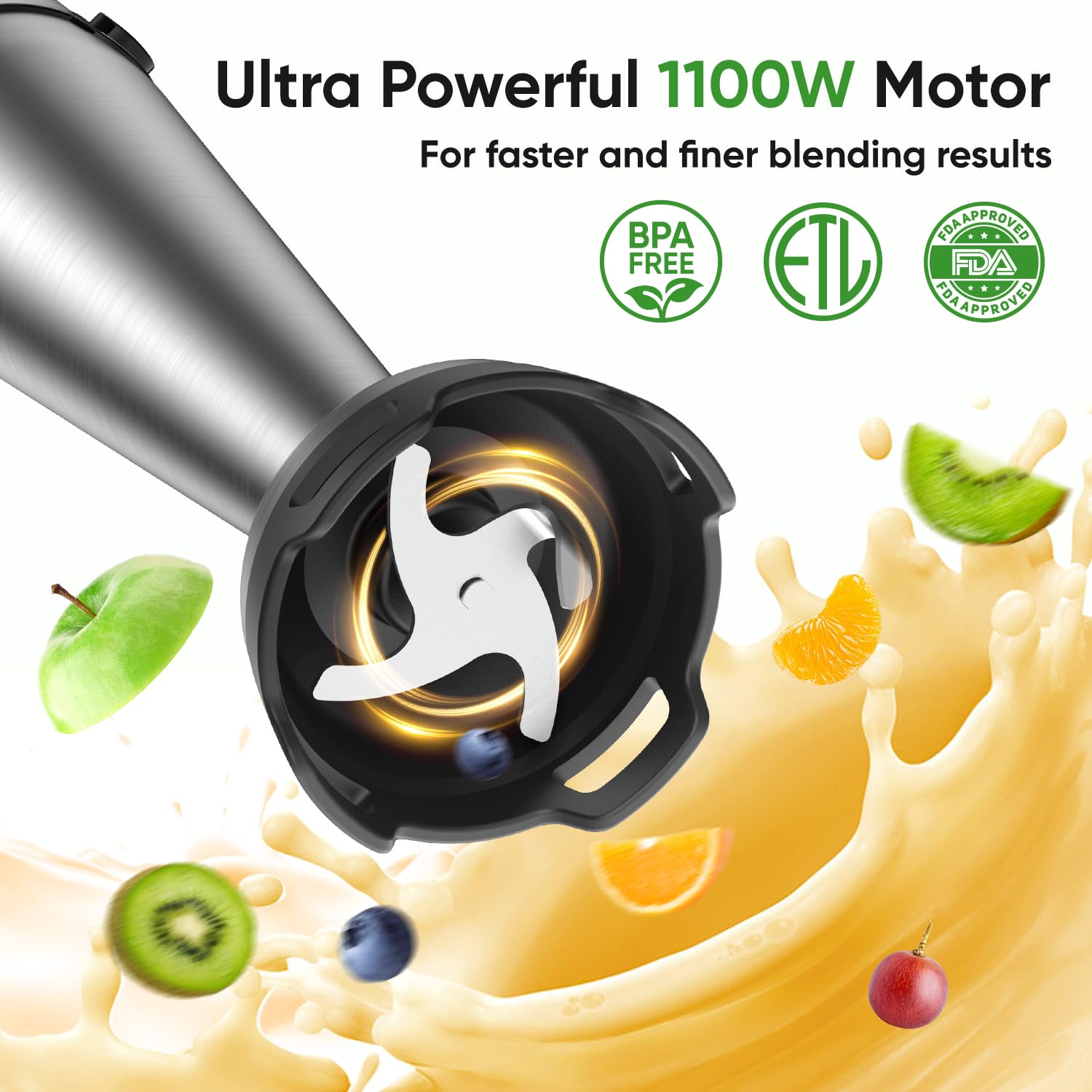 Zkbhome Immersion Blender Handheld 1100W 3 In 1 Corded Stick Hand Blenders For Kitchen With Trigger Speed Control, With Whisk, Milk Frother Attachemnts, Perfect Emulsifier For Soup, Smoothie, Puree