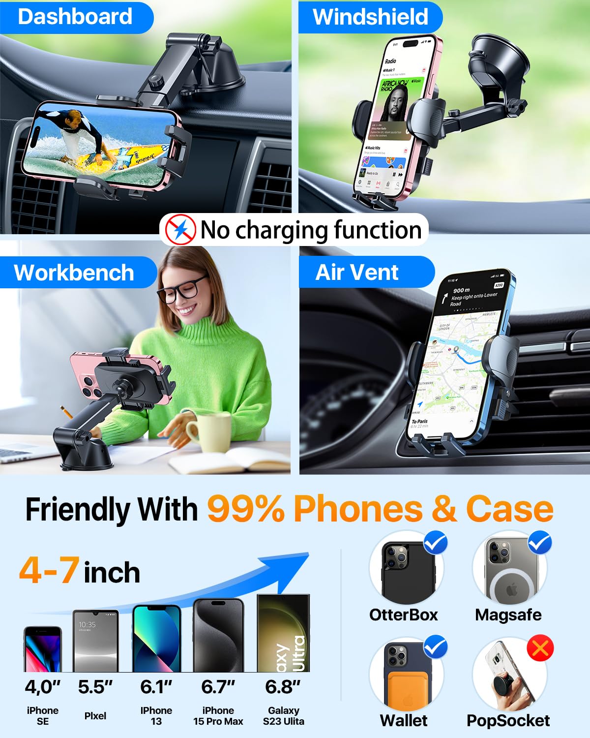 Htu [True Military-Grade] Car Phone Holder【 Stronger Suction & Clip】 Universal Cell Phone Holder For Car Mount For Dashboard Windshield Air Vent For Iphone 16 Pro Max 15 Samsung,Black