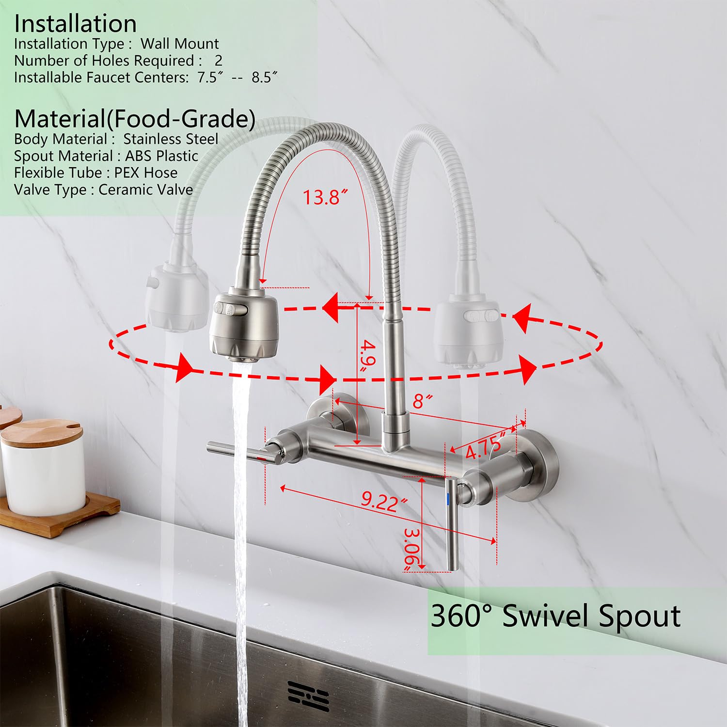 Flwueue Wall Mount Faucet With Sprayer 8 Inch Center, Kitchen Sink Faucet With Dual Handle, Stainless Steel Constructed Sink Mixer Tap, Laundry Utility Faucets, Lead-
