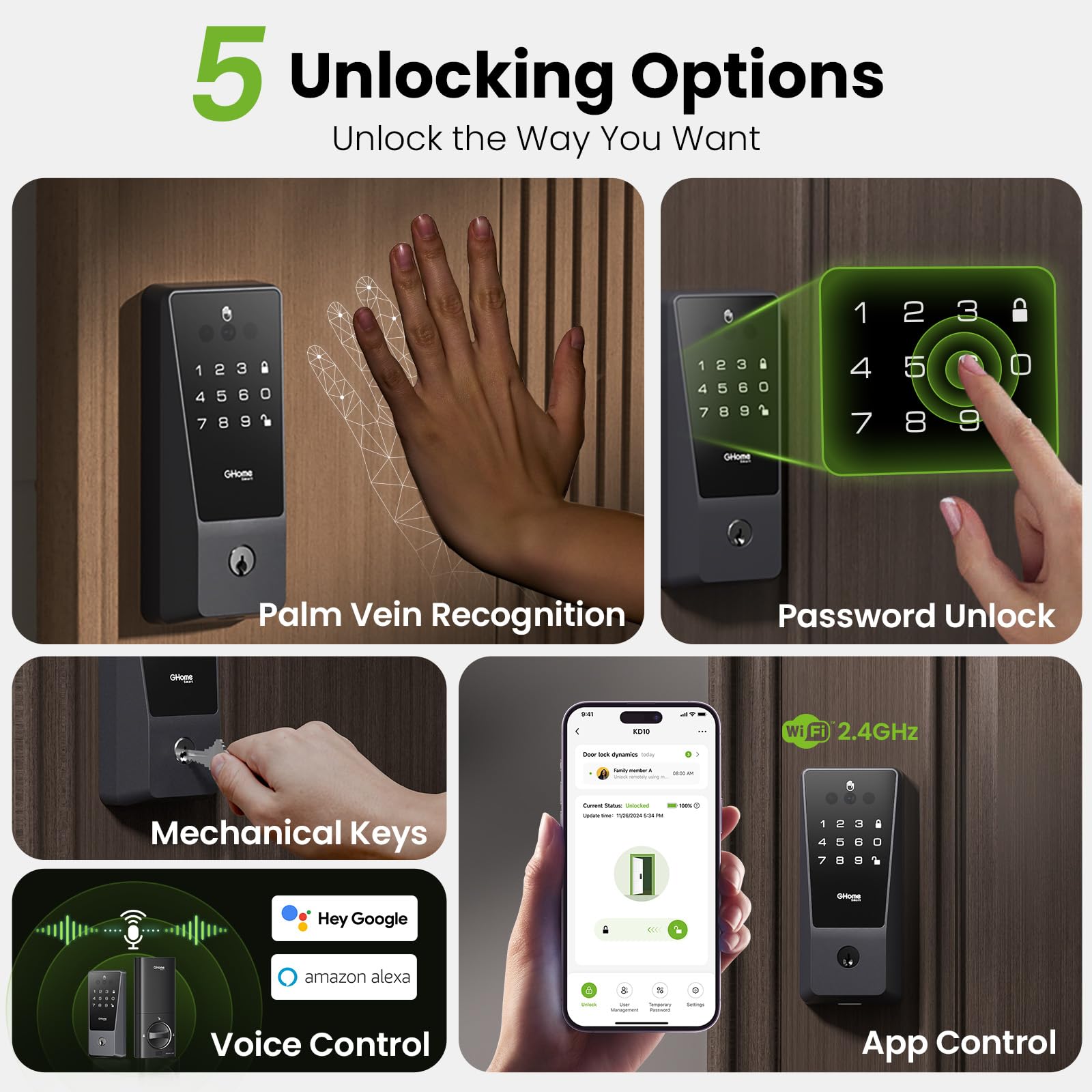 Ghome Smart Door Lock, Palm Vein Smart Locks For Front Door, 5 In 1 Keyless Entry Door Lock, Alexa Control, Auto Lock, Built-In Wifi, Rechargeable Battery, Smart Deadbolt