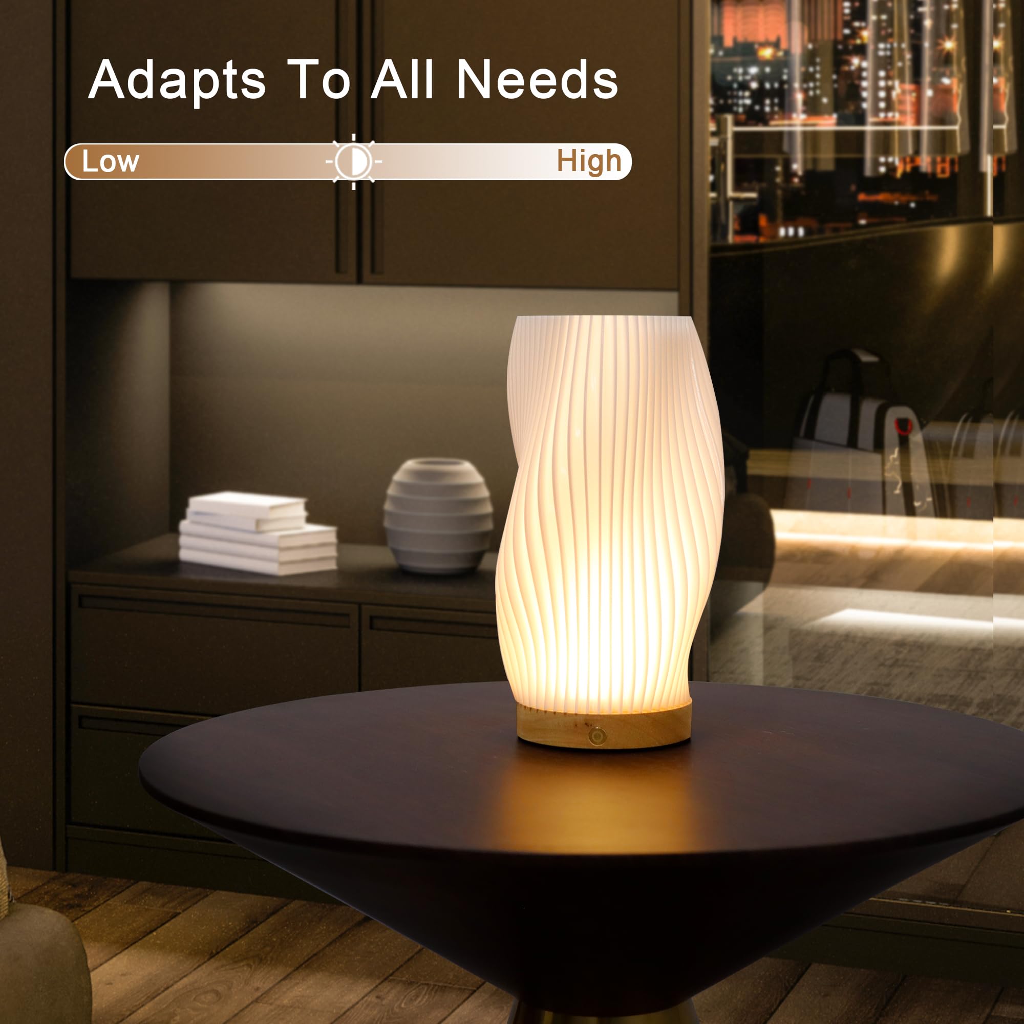 Jhy Design 3D Printed Touch Bedside Lamp 9" H Table Lamp 3-Color Light Source Dimmable Nightstand Lamp With Woodbase For Bedroom Living Room Indoors Outdoors(Spiral,Type-C Charging)