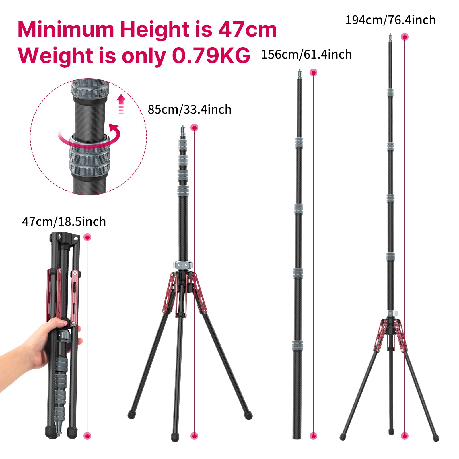 Ulanzi Light Stand Carbon Fiber Mt-49, Adjustable Tripod Stand For Photography With Phone Clip, 194Cm/76.4Inch Studio Sturdy Tripod For Speedlight Flash Softbox Strobe Light Camera With Carrying Bag