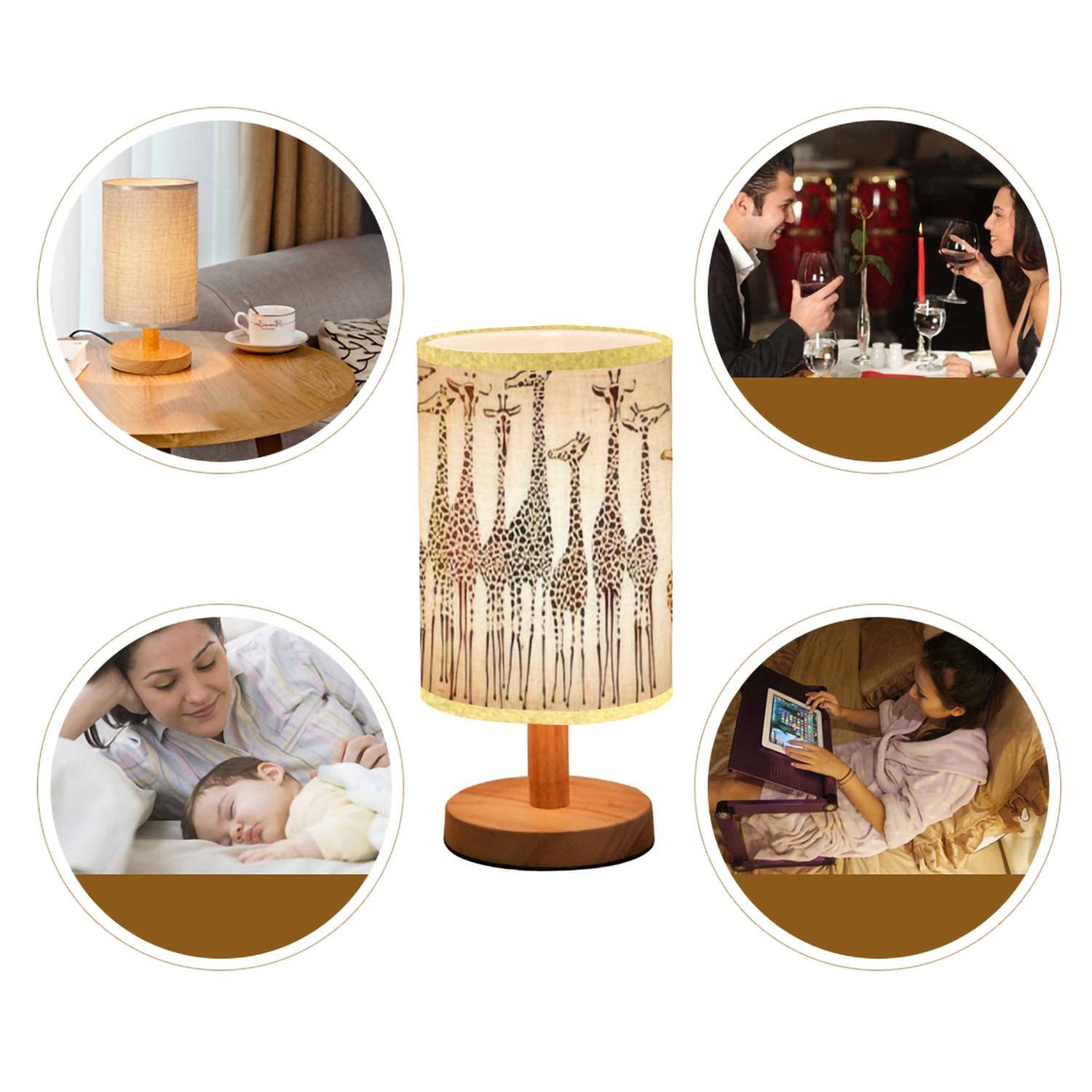 Lopyeijfg Minimalist Bedside Table Lamp Giraffes Wood Nightstand Lamp Bedside Desk Lamp Wood Base Flaxen Fabric Shade For Bedroom Living Room, 5.5X11Inch