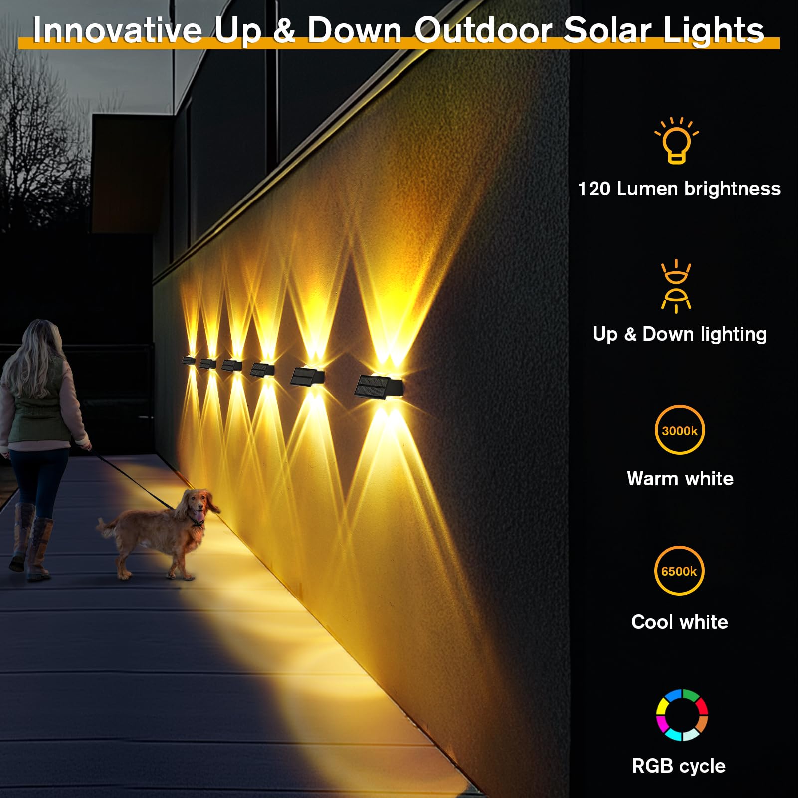 Uspring 4 Pack Solar Fence Lights With Warm/Cool White & 6 Rgb Color 9 Modes, Ultra Bright Up & Down Fence Lights Solar Powered Ip68 Waterproof Solar Light Outdoor For Yard Pool Porch Wall Patio