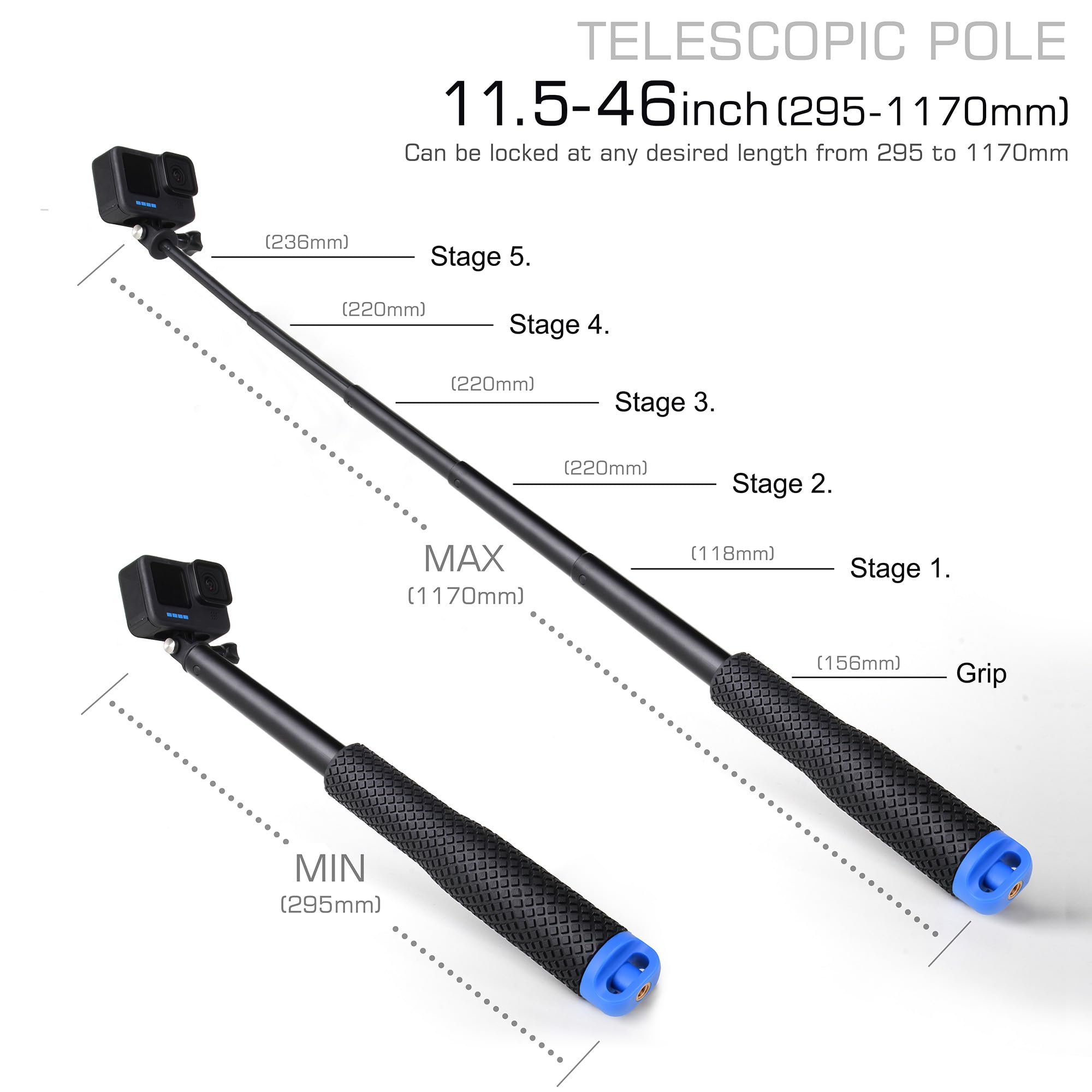 Gepuly 46''Alumium Waterproof Selfie Stick With 1/4 Thread Hole Underwater Pole Handle Grip Monopod For Gopro Hero 13 12 11 Max Insta360 Akaso Dji Osmo Action Cameras Accessories