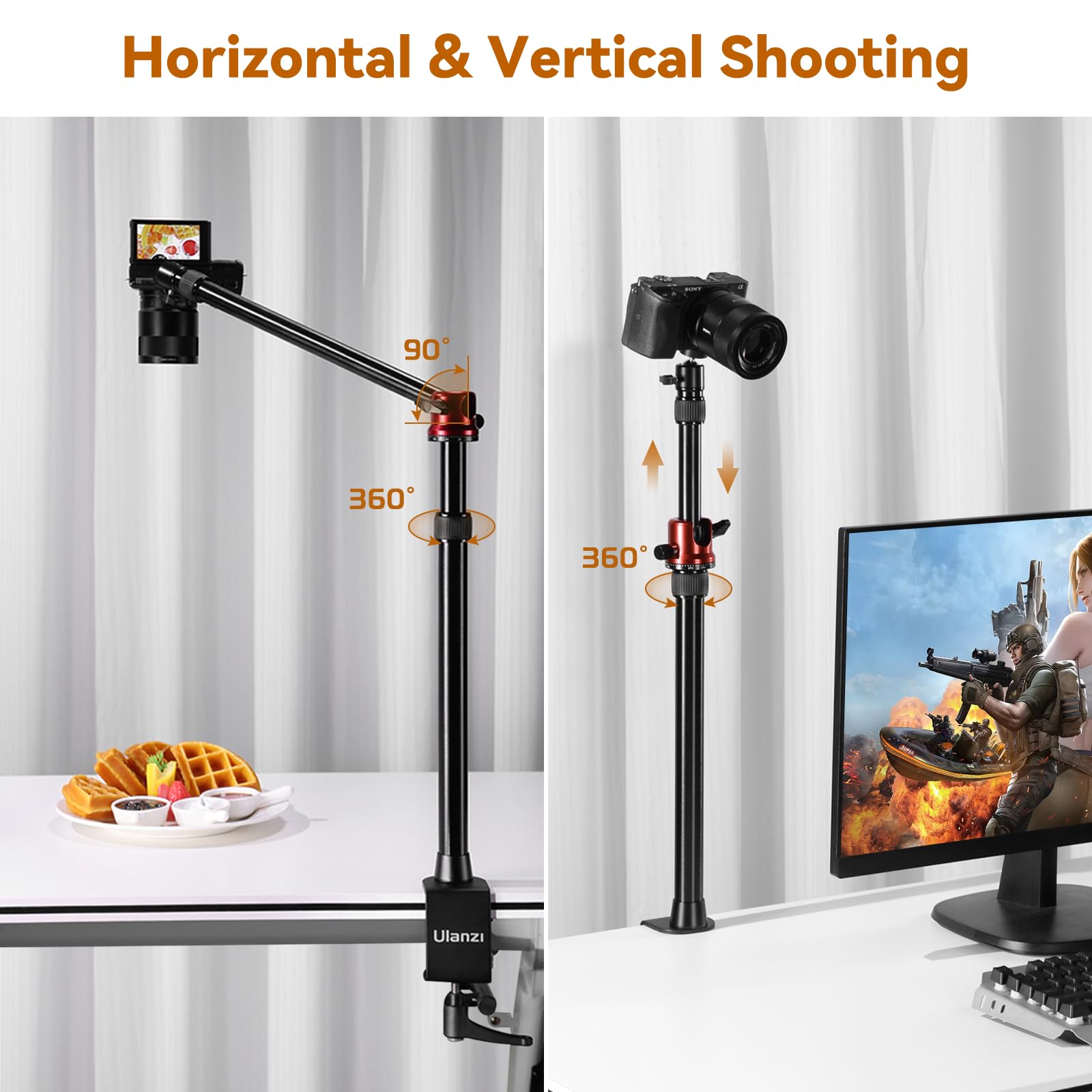 Jusmo Mt-88 Overhead Camera Mount Desk Stand Phone Holder For Video Recording, Horizontal/Vertical Switching, Aluminum 4-Sections Light Stand For Dslr, Cameras, Phones, Lights, Max Load 13.23Ibs