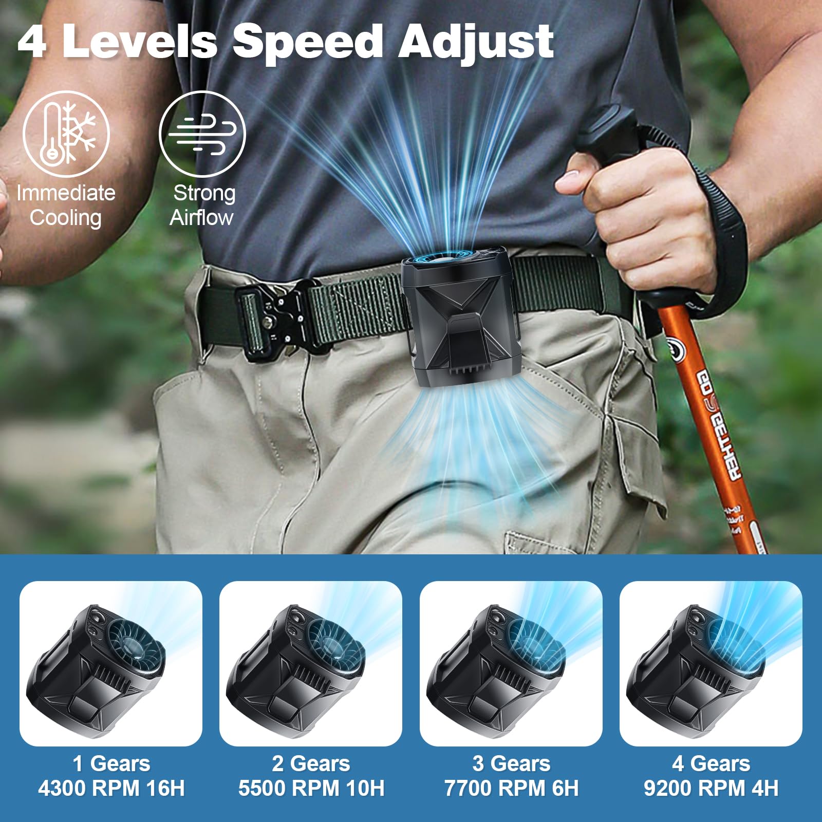 Portable Fan Rechargeable, Personal Waist Neck Wearable Cooling Fan With Light, 4 Speeds 9200Rpm